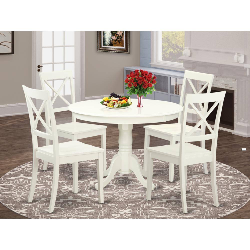 Back. East West Furniture - 5 Pc set with a Round Dinette Table and 4 Wood Dinette Chairs in Linen White - Linen White.