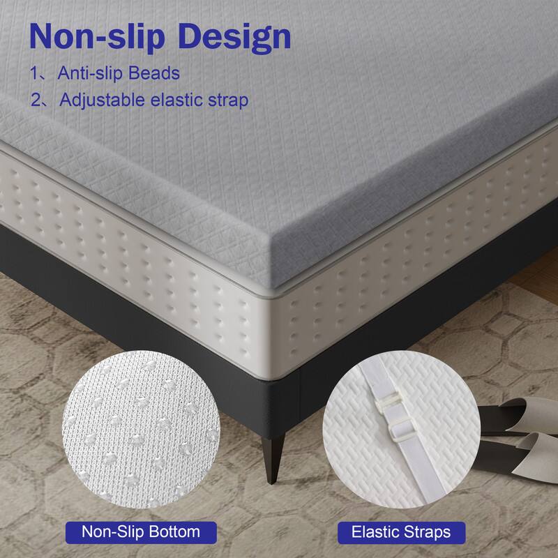 Non-slip Design  
1. Anti-slip Beads  
2. Adjustable elastic strap  

Non-Slip Bottom  
Elastic Straps