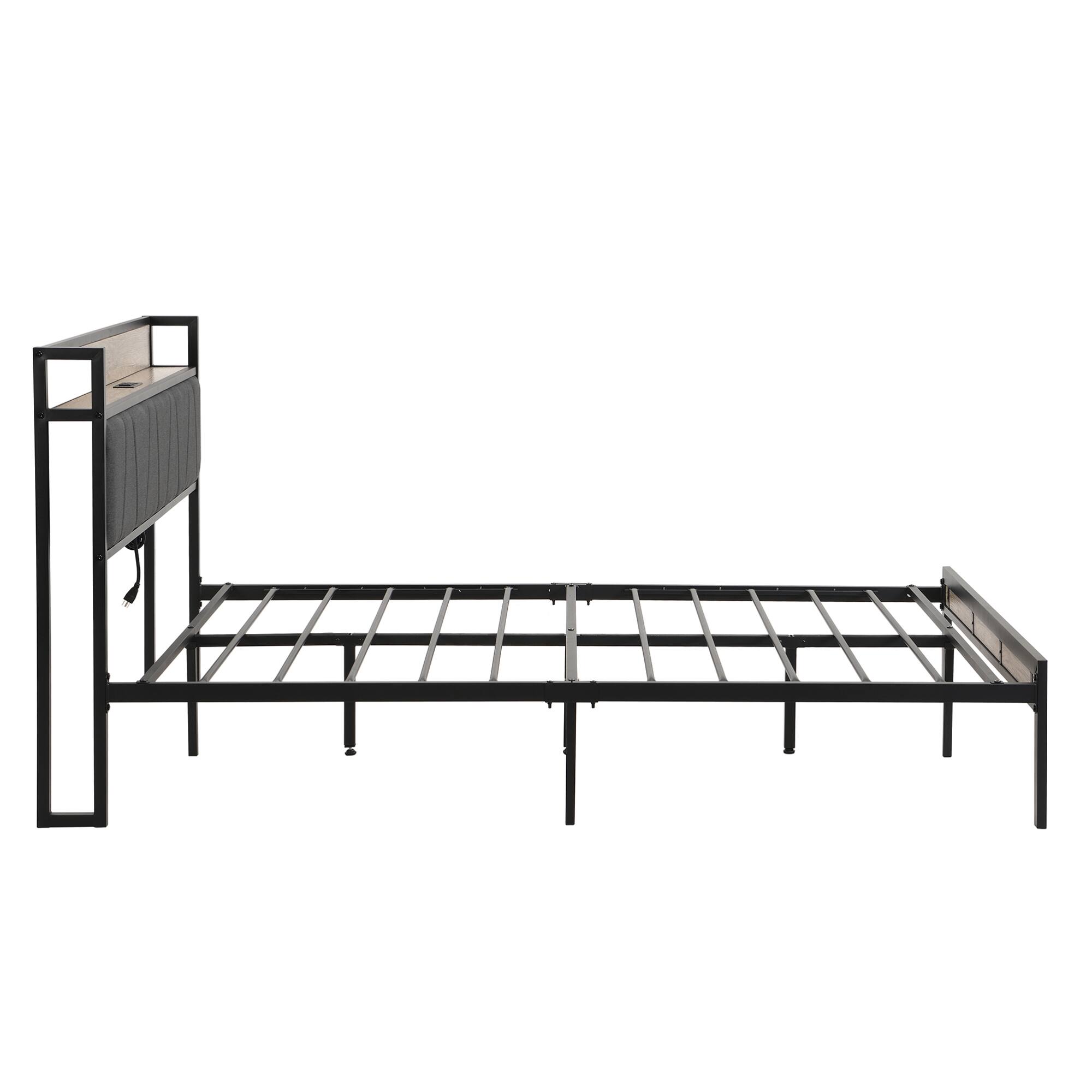 Alt View 4. GOODSILO - Queen Size Metal Platform Bed Frame with Storage Headboard and Footboard, Includes USB Ports, No Box Spring Required - Beige+Black+Grey.