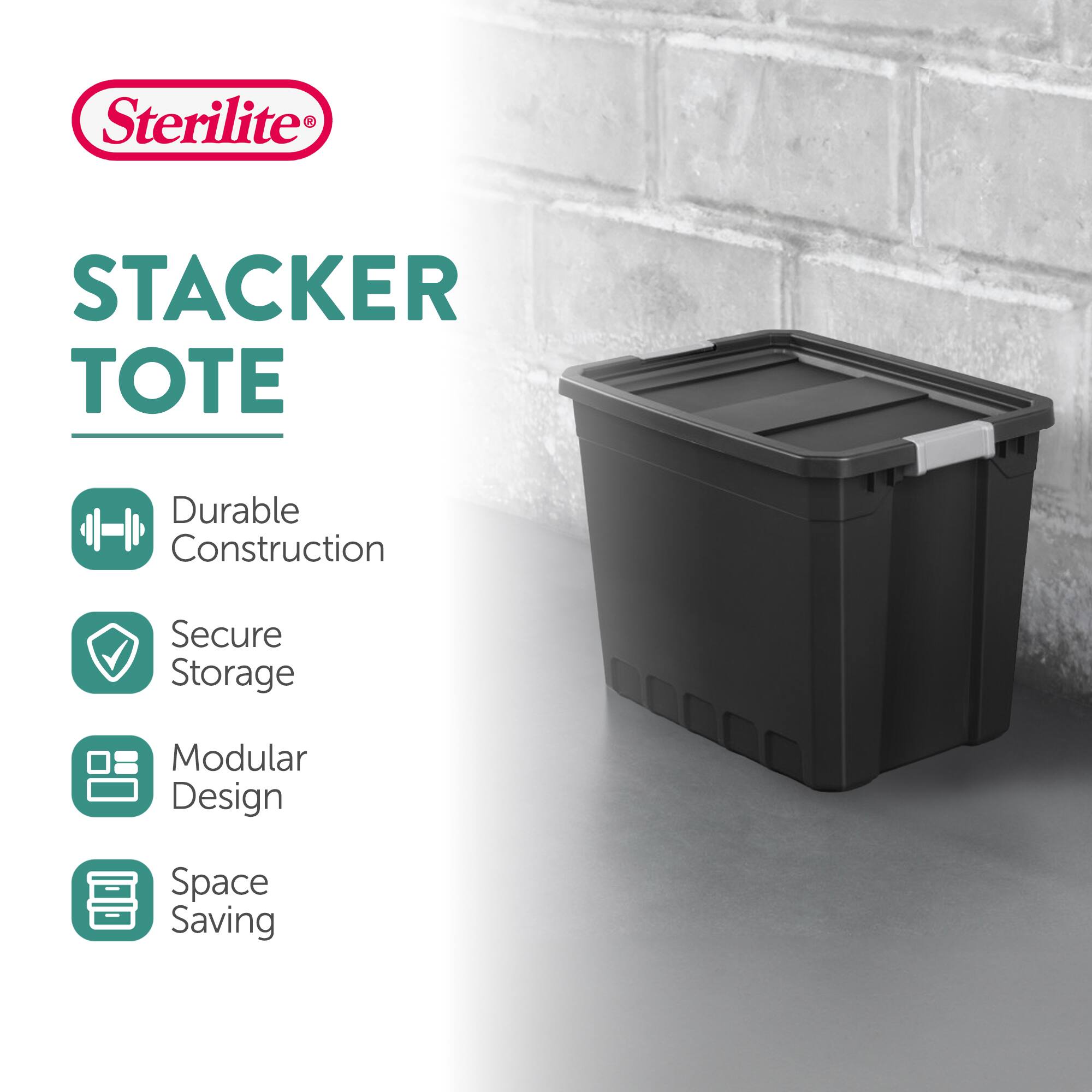 Sterilite® STACKER TOTE

- Durable Construction
- Secure Storage
- Modular Design
- Space Saving