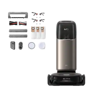 Front. eufy - eufy Robot Vacuum and mop S2 + Accessory Kit,99.99% Germ Removal, Self-Cleaning Roller Mop, 30,000 Pa, Fragrance Diffuse - Black.