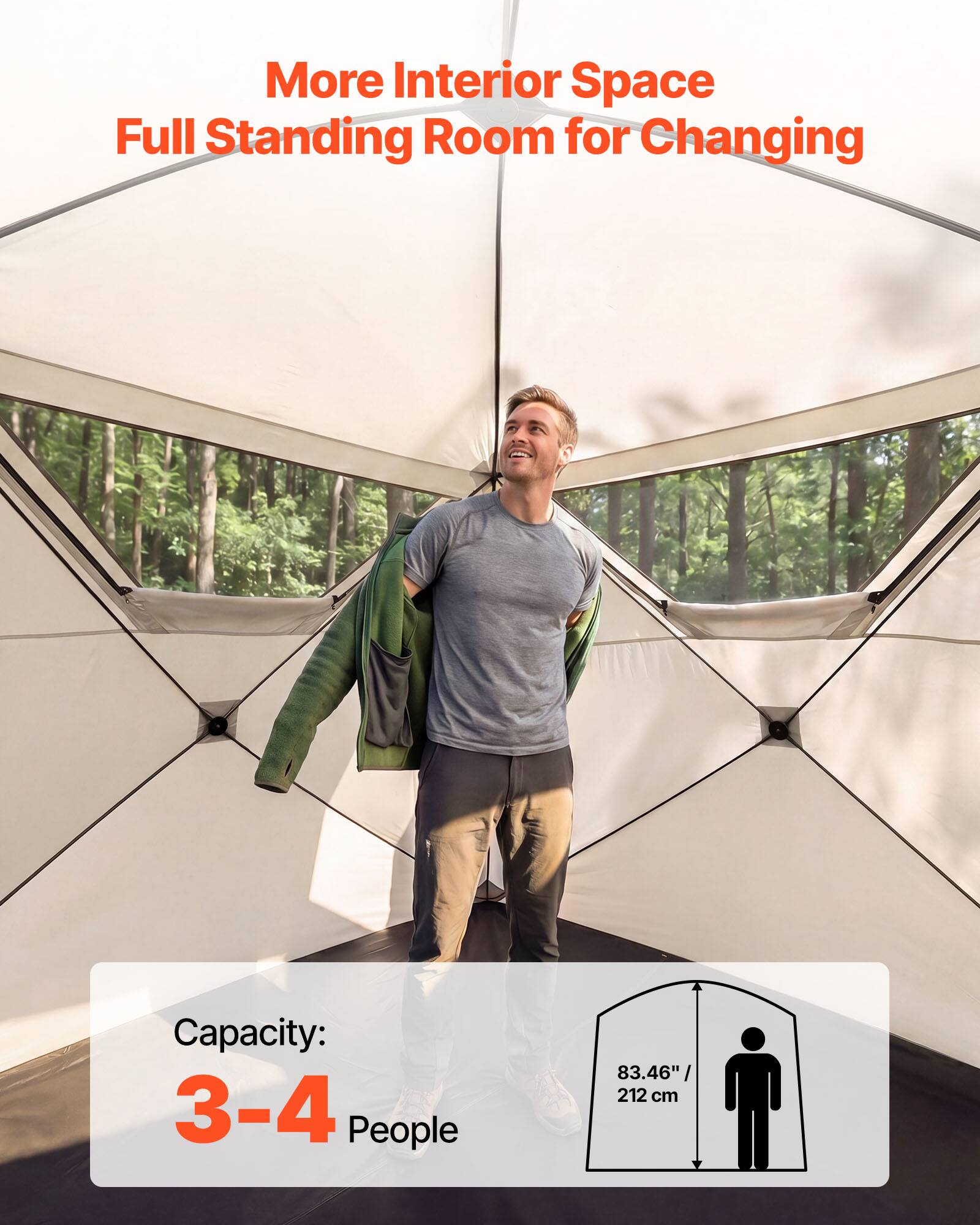 More Interior Space Full Standing Room for Changing  
Capacity: 3-4 People  
83.46" / 212 cm