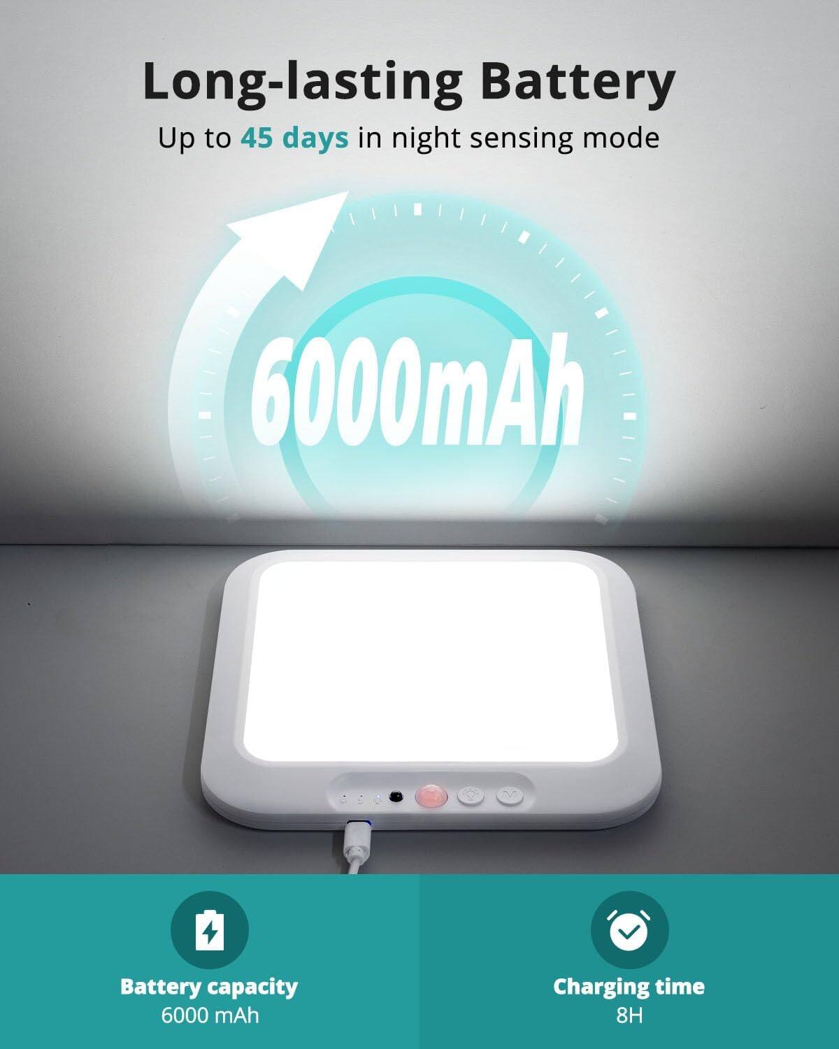 Long-lasting Battery  
Up to 45 days in night sensing mode  

6000mAh  

Battery capacity  
6000 mAh  

Charging time  
8H