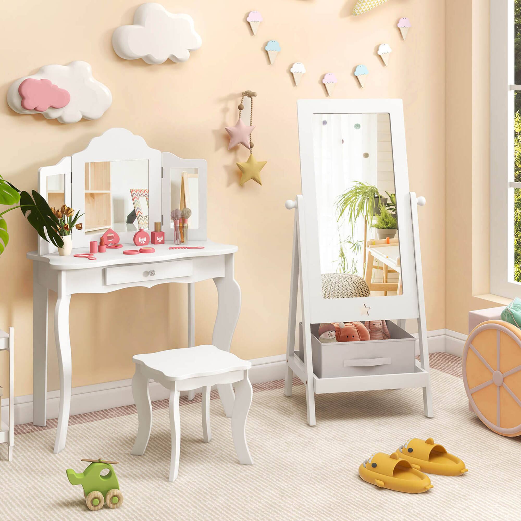 Alt View 1. Costway - Costway Kids Full Length Mirror 360° Rotatable Freestanding Dressing Mirror with Storage Bin - White.