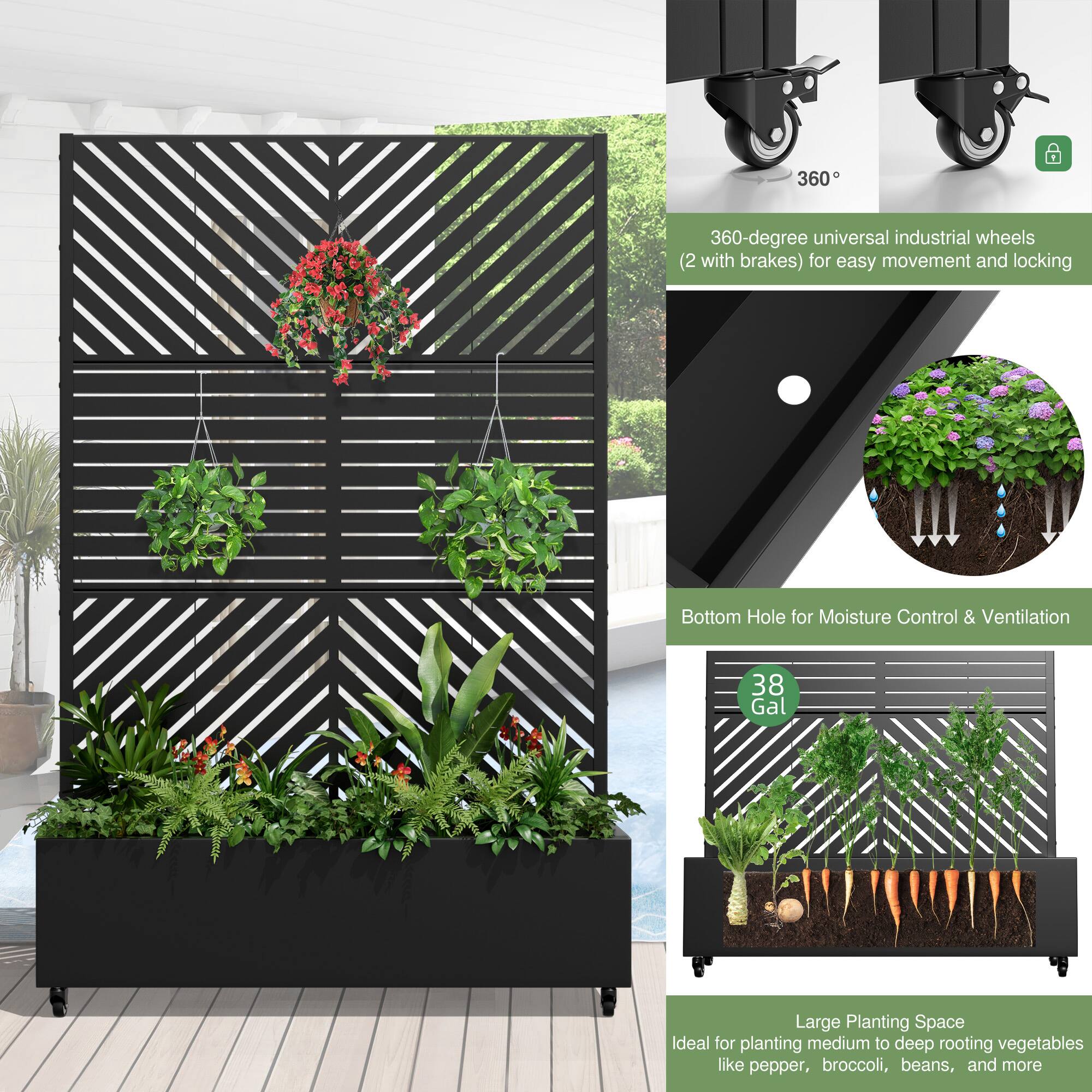 360-degree universal industrial wheels (2 with brakes) for easy movement and locking

Bottom Hole for Moisture Control & Ventilation

38 Gal

Large Planting Space
Ideal for planting medium to deep rooting vegetables like pepper, broccoli, beans, and more