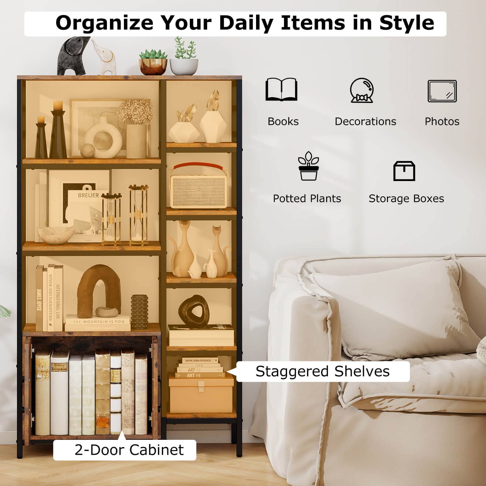 Organize Your Daily Items in Style:

* Books
* Decorations
* Photos
* Potted Plants
* Storage Boxes
* 2-Door Cabinet
* Staggered Shelves