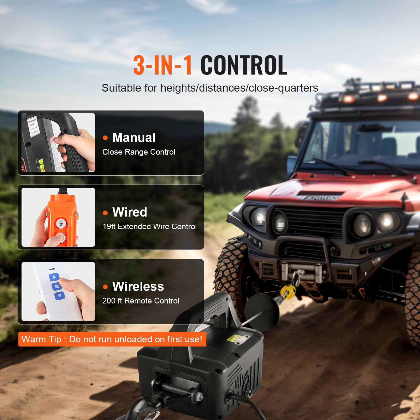 3-IN-1 CONTROL  
Suitable for heights/distances/close-quarters  

- Manual  
  Close Range Control  

- Wired  
  19ft Extended Wire Control  

- Wireless  
  200 ft Remote Control  

Warm Tip: Do not run unloaded on first use!