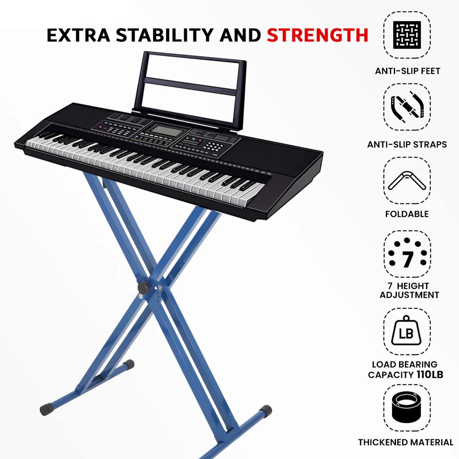 EXTRA STABILITY AND STRENGTH

- ANTI-SLIP FEET
- ANTI-SLIP STRAPS
- FOLDABLE
- 7 HEIGHT ADJUSTMENT
- LOAD BEARING CAPACITY 110LB
- THICKENED MATERIAL