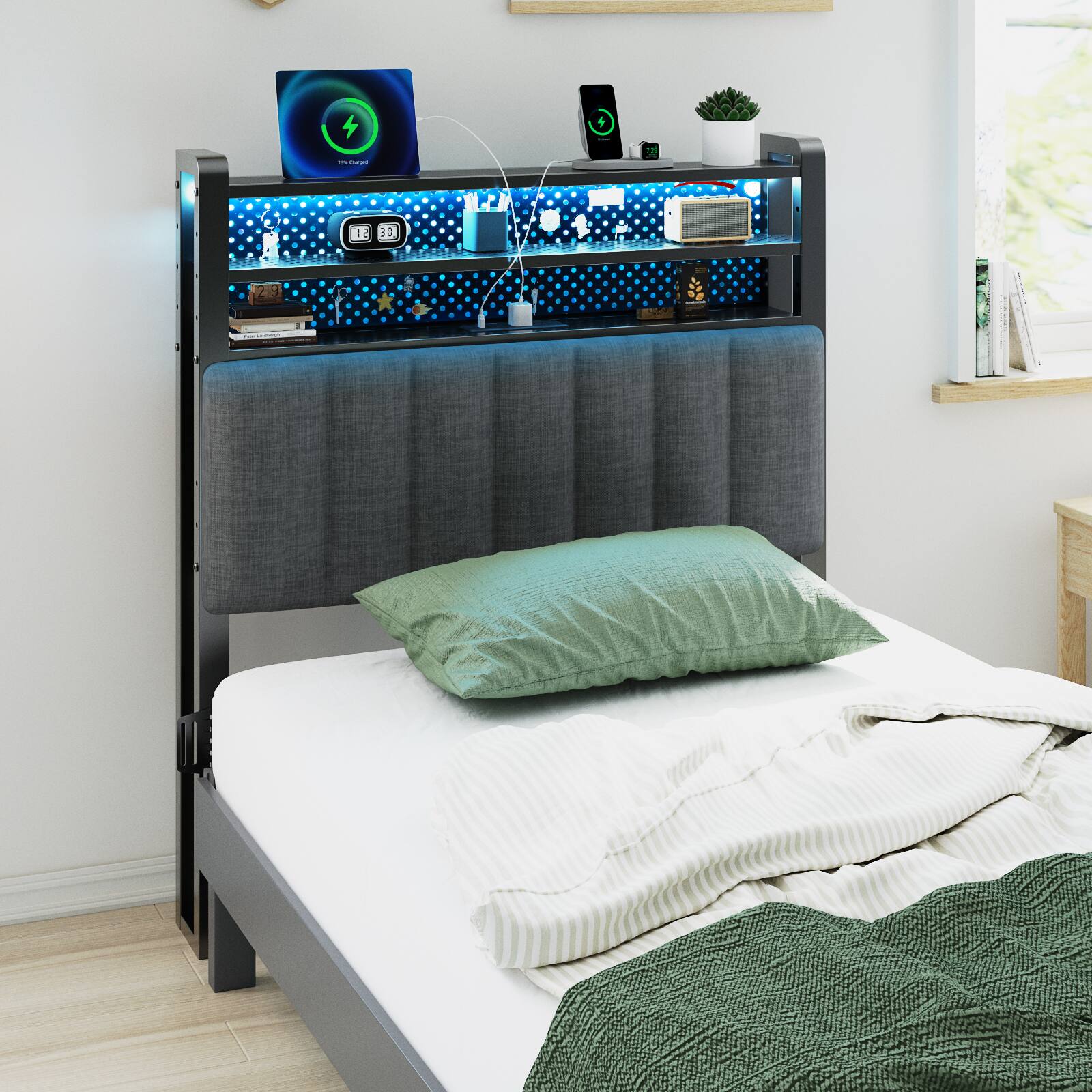 Alt View 8. Winado - Twin Size Adjustable Upholstered Headboard Only with 3 Tier Shelves and Pegboard with Charging Stations and LED Lights - Linen & Dark Gray.