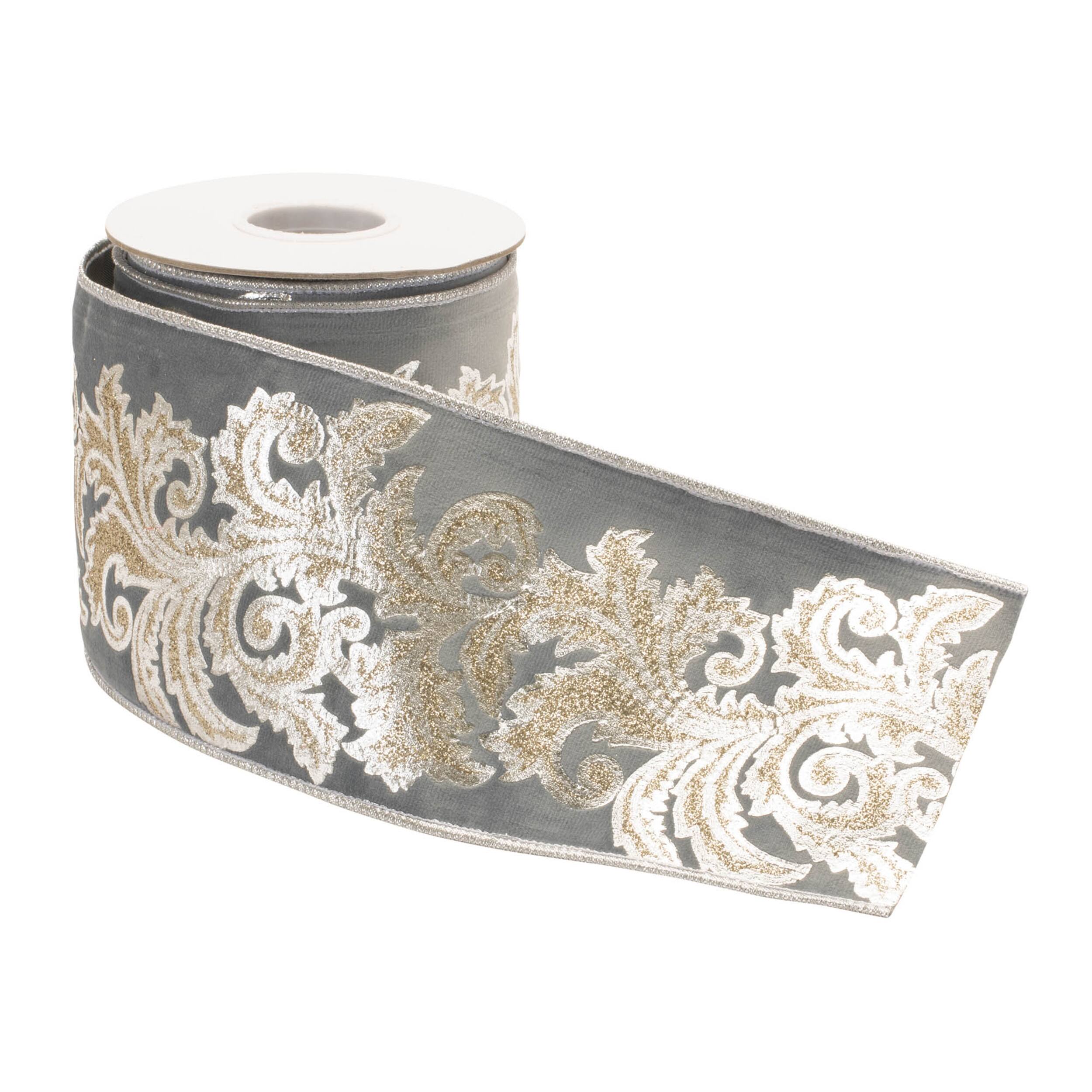 Angle. BreeBe - Embroidered Damask Wired Ribbon 4" x 5 Yds. - Gray, Gold.
