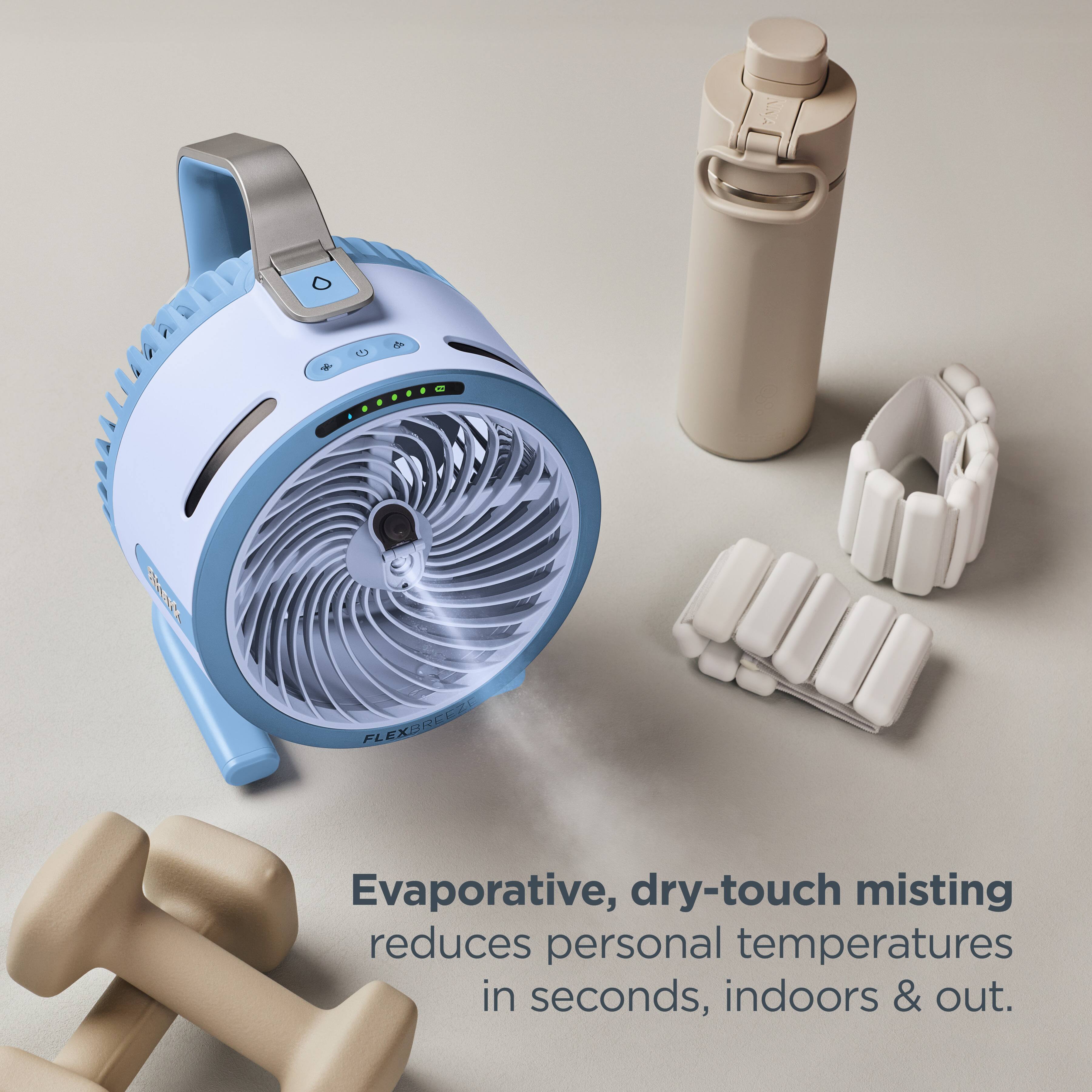 FLEXBREEZE Evaporative, dry-touch misting reduces personal temperatures in seconds, indoors & out.