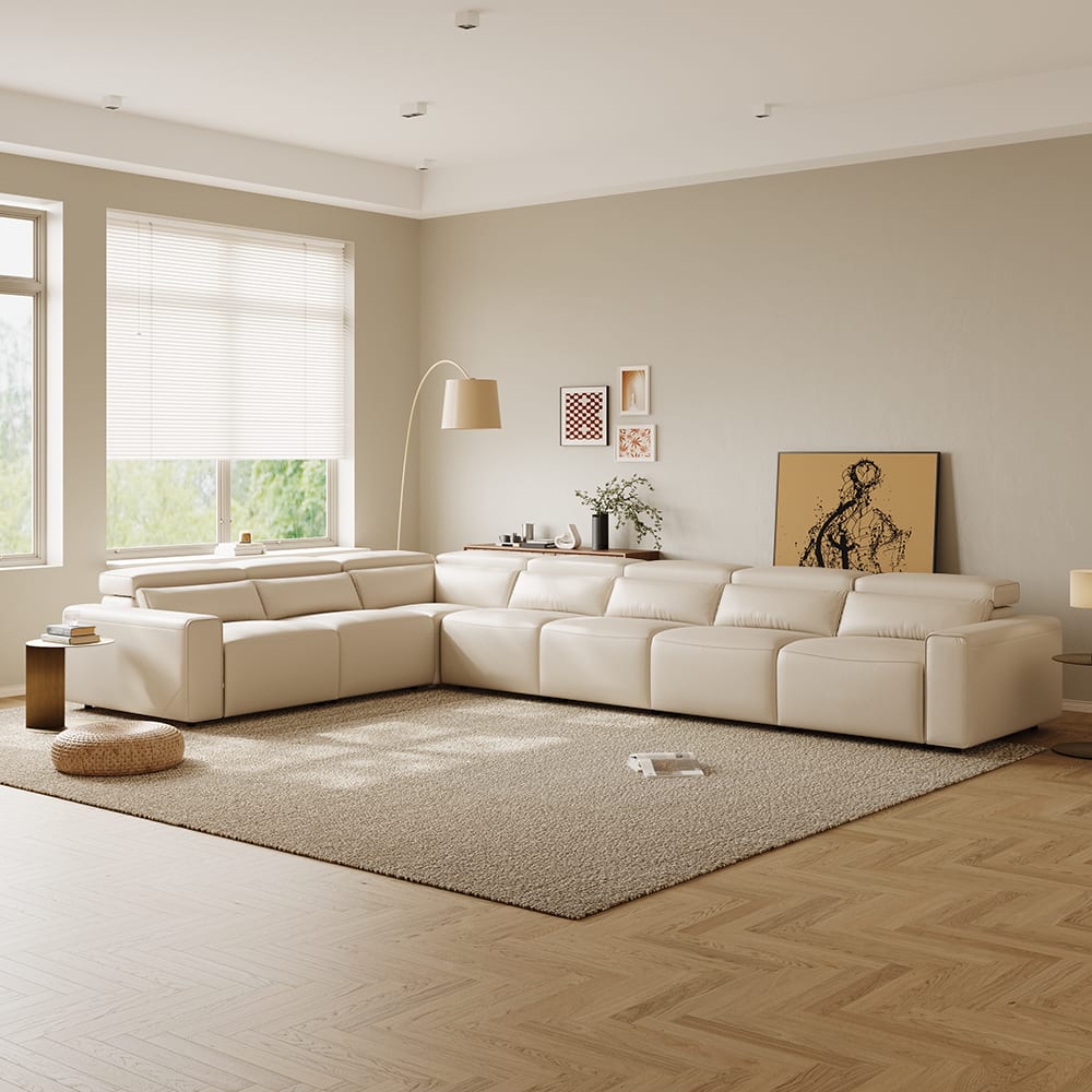 POVISON - 171" Modern L-shaped Power Reclining Extendable Sofa, Dual- charging, 2 Deep Seat 90°-145° Recline, ,Waterproof, Black - Beige Sustainable Leather