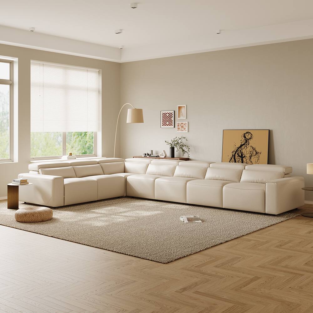 Front. POVISON - 171" Modern L-shaped Power Reclining Extendable Sofa,  Dual- charging, 2 Deep Seat 90°-145° Recline, ,Waterproof, Black - Beige Sustainable Leather.