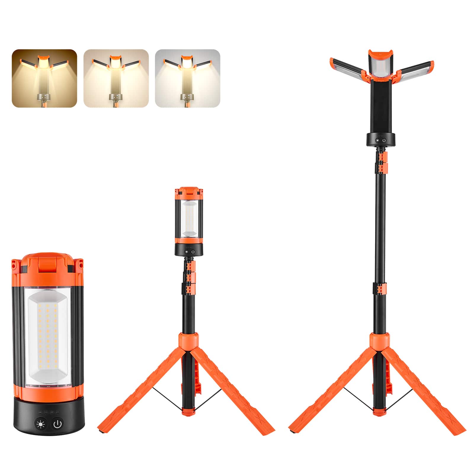 VEVOR - LED Work Light with Stand, 10Ah, Rechargeable Cordless Camping Light, with 3 Lamp Heads, Detachable Tripod Stand - Orange + black