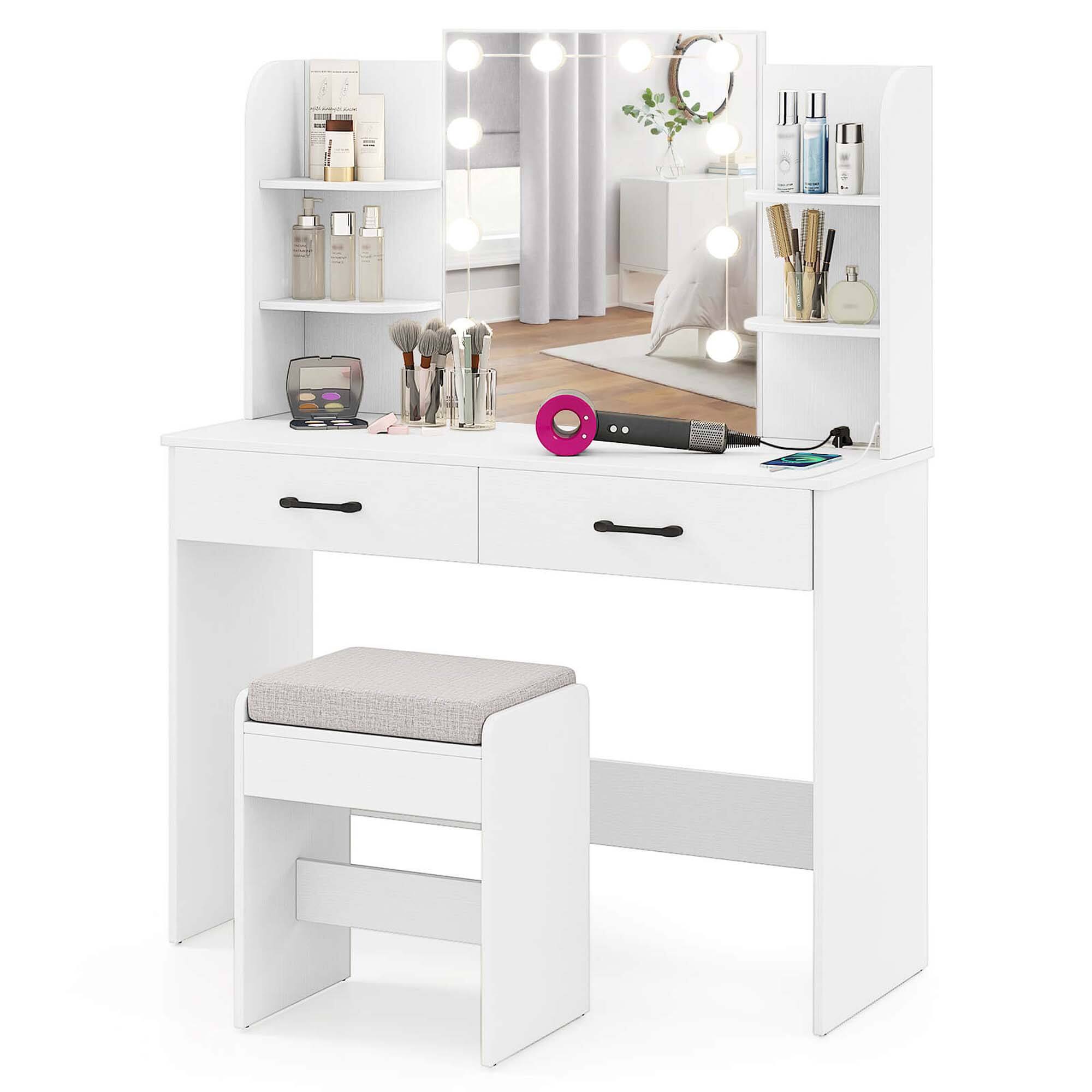 Front. Costway - Costway Makeup Vanity Desk with Lighted Mirror Charging Station 3-Color Dimmable LED Lights White - White.