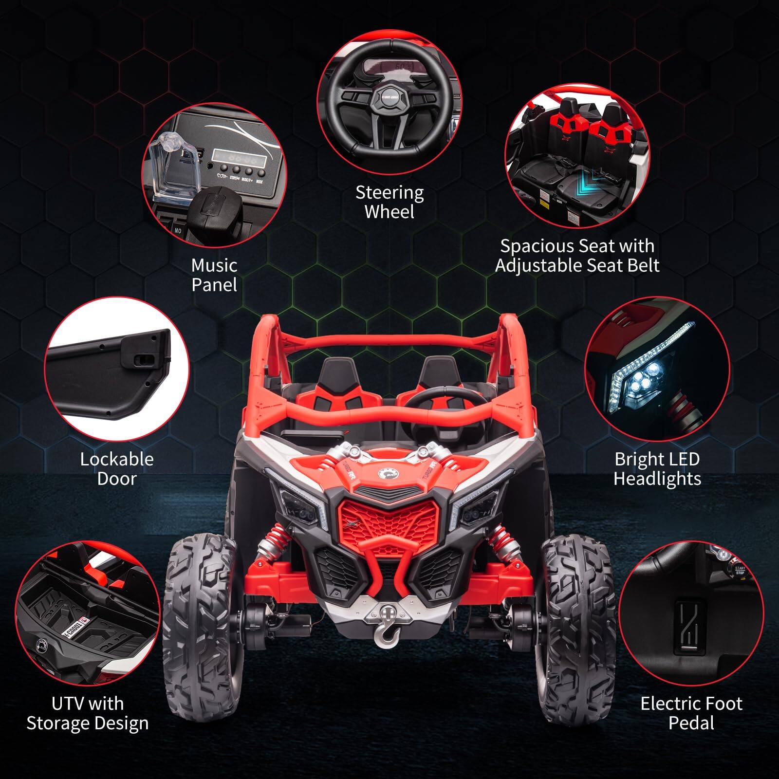 - Music Panel
- Steering Wheel
- Spacious Seat with Adjustable Seat Belt
- Lockable Door
- Bright LED Headlights
- UTV with Storage Design
- Electric Foot Pedal