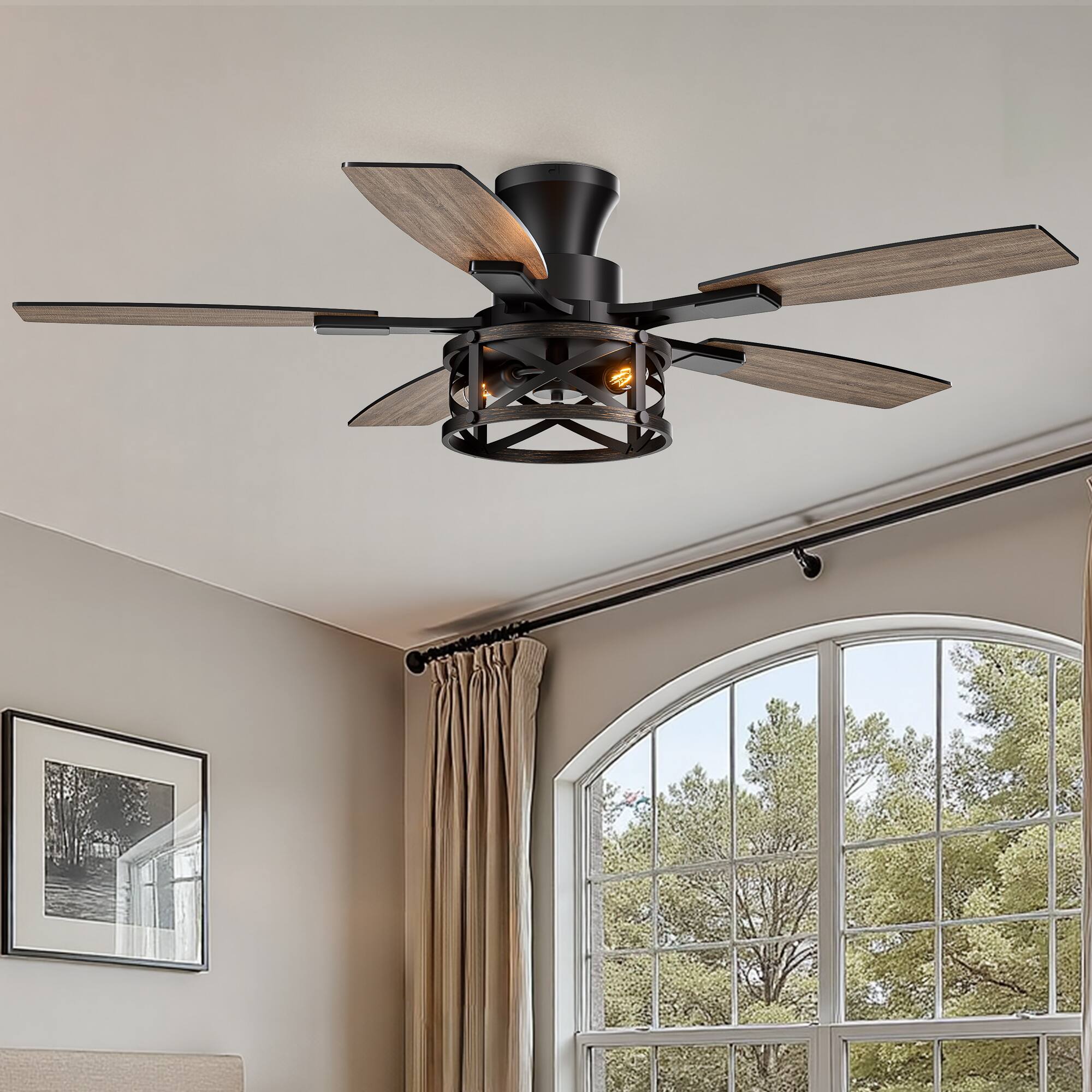 Angle. Siljoy - 52 Inch Farmhouse Flush Mount Gold Black Ceiling Fan With Lights 6 Dual Color Blades Fits Patio Bedroom Living Room - Gold and Black.