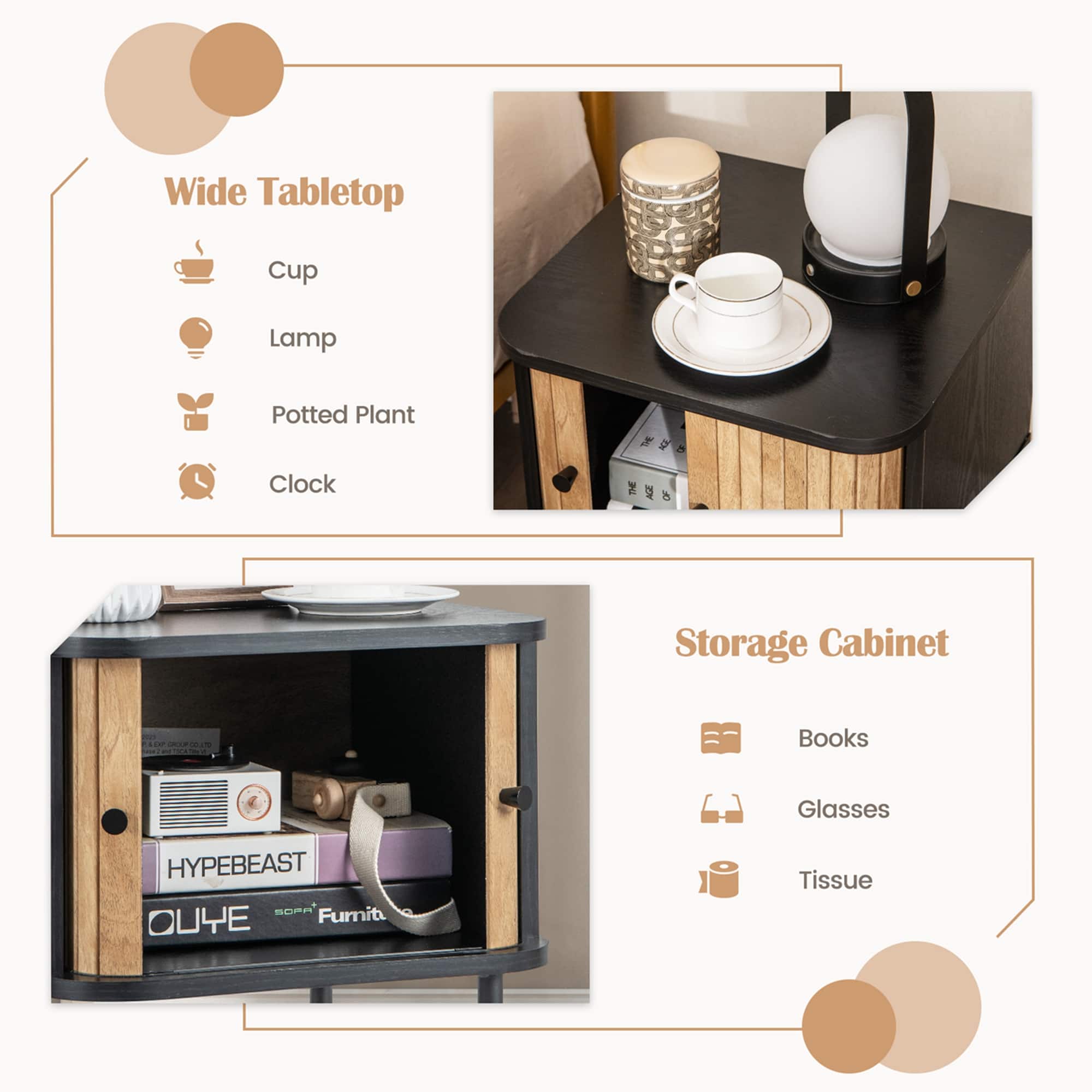 Wide Tabletop Cup Lamp Potted Plant Clock Storage Cabinet Books Glasses Tissue