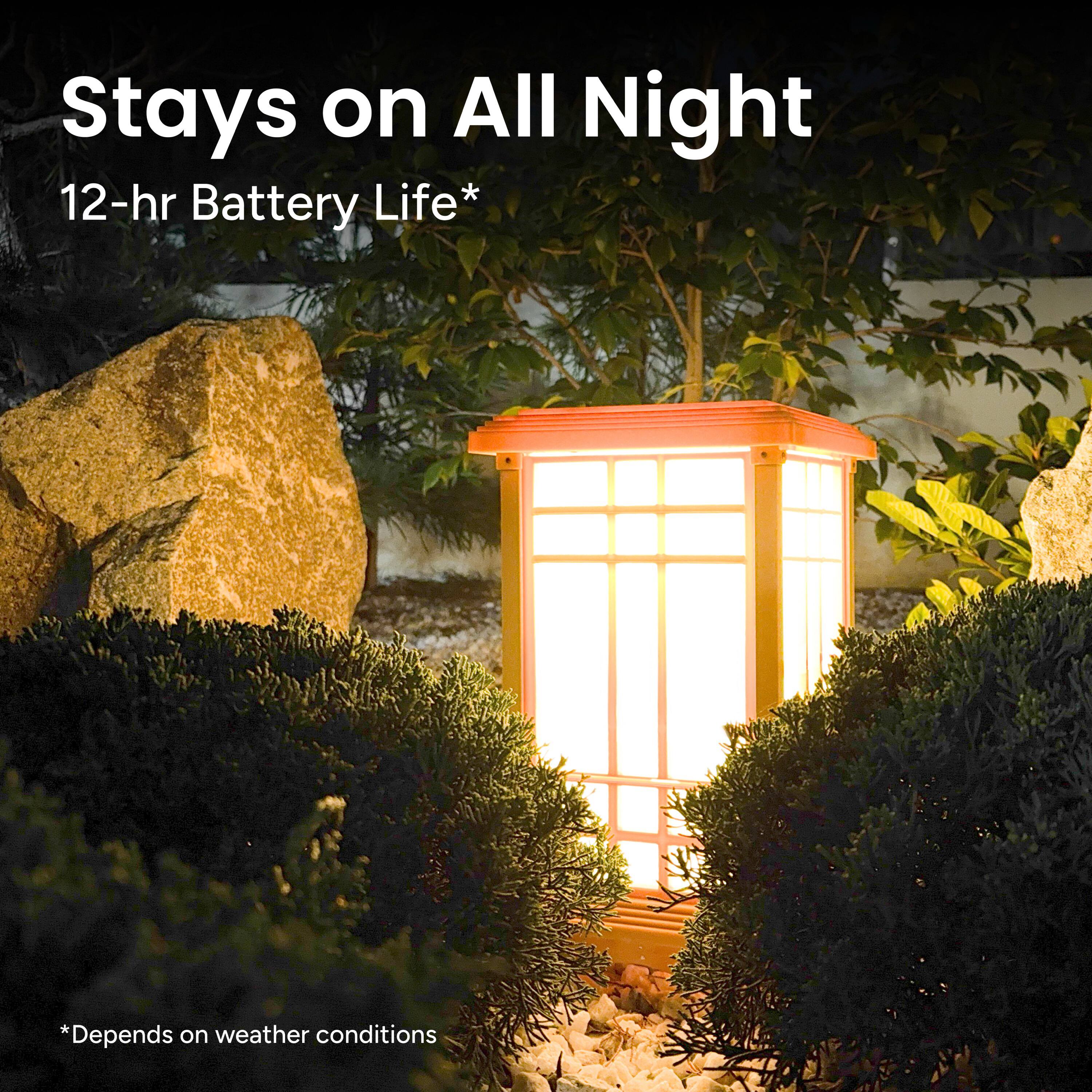 Stays on All Night
12-hr Battery Life*
*Depends on weather conditions