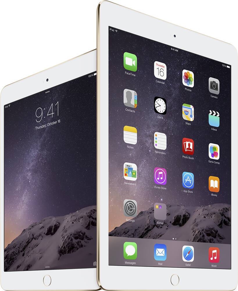 The image shows two iPads, one on the left and one on the right, with a mountain background. The left iPad displays the time of 9:41, while the right iPad displays the time of 10:41. Both iPads have the same apps, including FaceTime, Contacts, Calendar, Photos, Maps, Camera, Videos, Notes, Reminders, Photo Booth, Game Center, Newsstand, and Extras. Additionally, both iPads have the same settings, including iTunes Store, App Store, Books, Messages, Mail, and Satari Music.