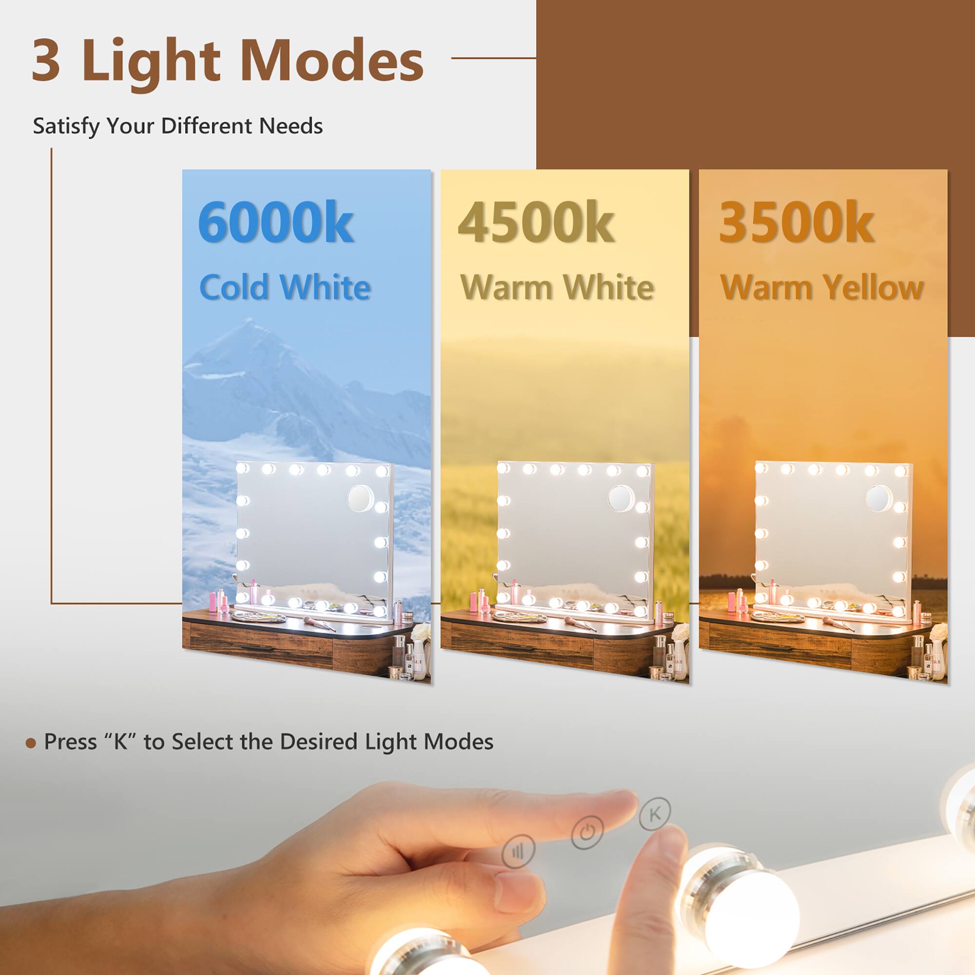 3 Light Modes  
Satisfy Your Different Needs

6000k Cold White  
4500k Warm White  
3500k Warm Yellow

Press "K" to Select the Desired Light Modes