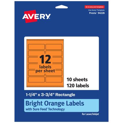 Go to avery.com/templates
Use Avery Template Presta® 94228
12 labels per sheet
10 sheets
120 labels
1-1/4" x 3-3/4" Rectangle
Bright Orange Labels with Sure Feed Technology for Laser/Inkjet
