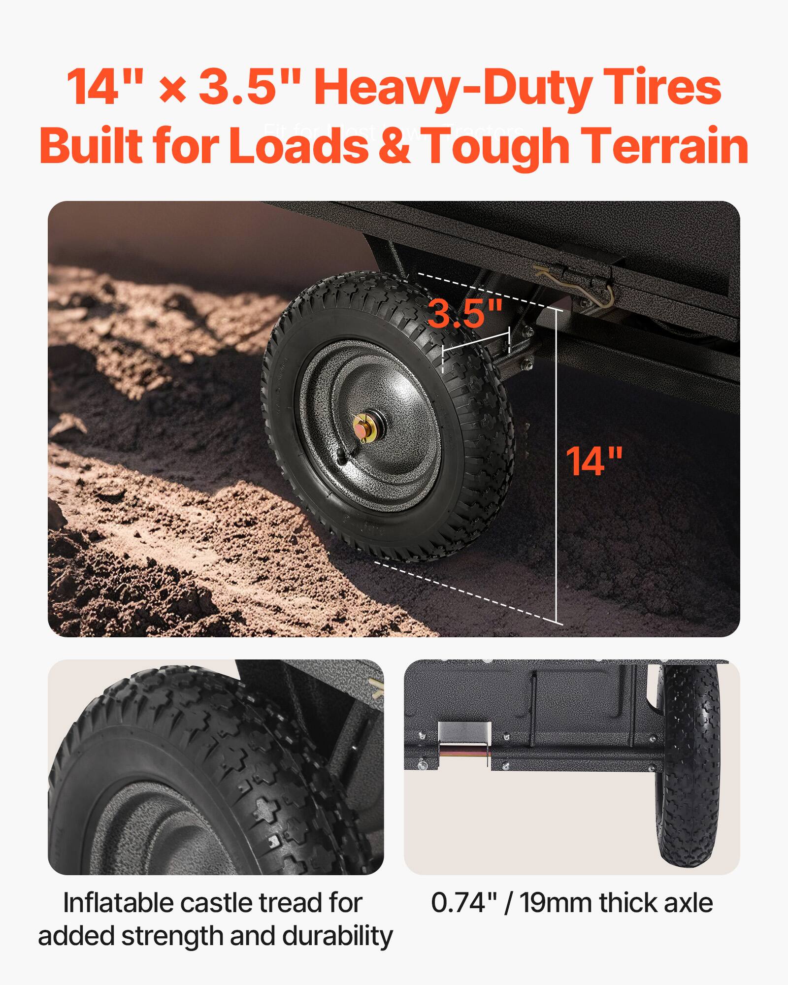 14" x 3.5" Heavy-Duty Tires  
Built for Loads & Tough Terrain  

Inflatable castle tread for added strength and durability  

0.74" / 19mm thick axle