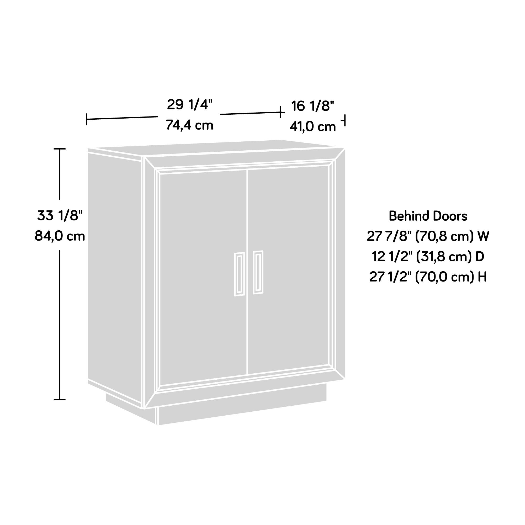 29 1/4" (74.4 cm)  
16 1/8" (41.0 cm)  
33 1/8" (84.0 cm)  

Behind Doors  
27 7/8" (70.8 cm) W  
12 1/2" (31.8 cm) D  
27 1/2" (70.0 cm) H