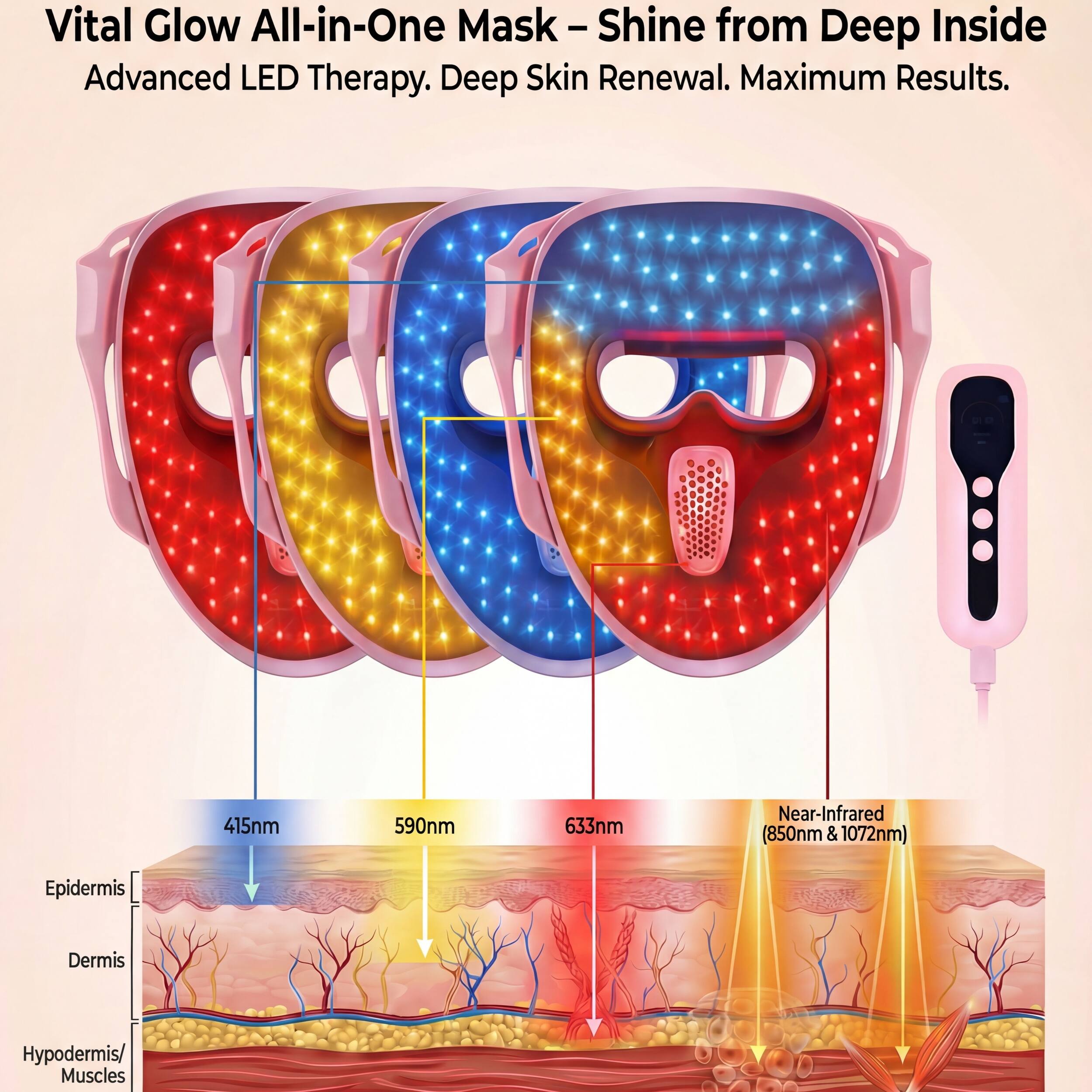 Vital Glow All-in-One Mask - Shine from Deep Inside  
Advanced LED Therapy. Deep Skin Renewal. Maximum Results.  

415nm  
590nm  
633nm  
Near-Infrared (850nm & 1072nm)  

Epidermis  
Dermis  
Hypodermis/Muscles
