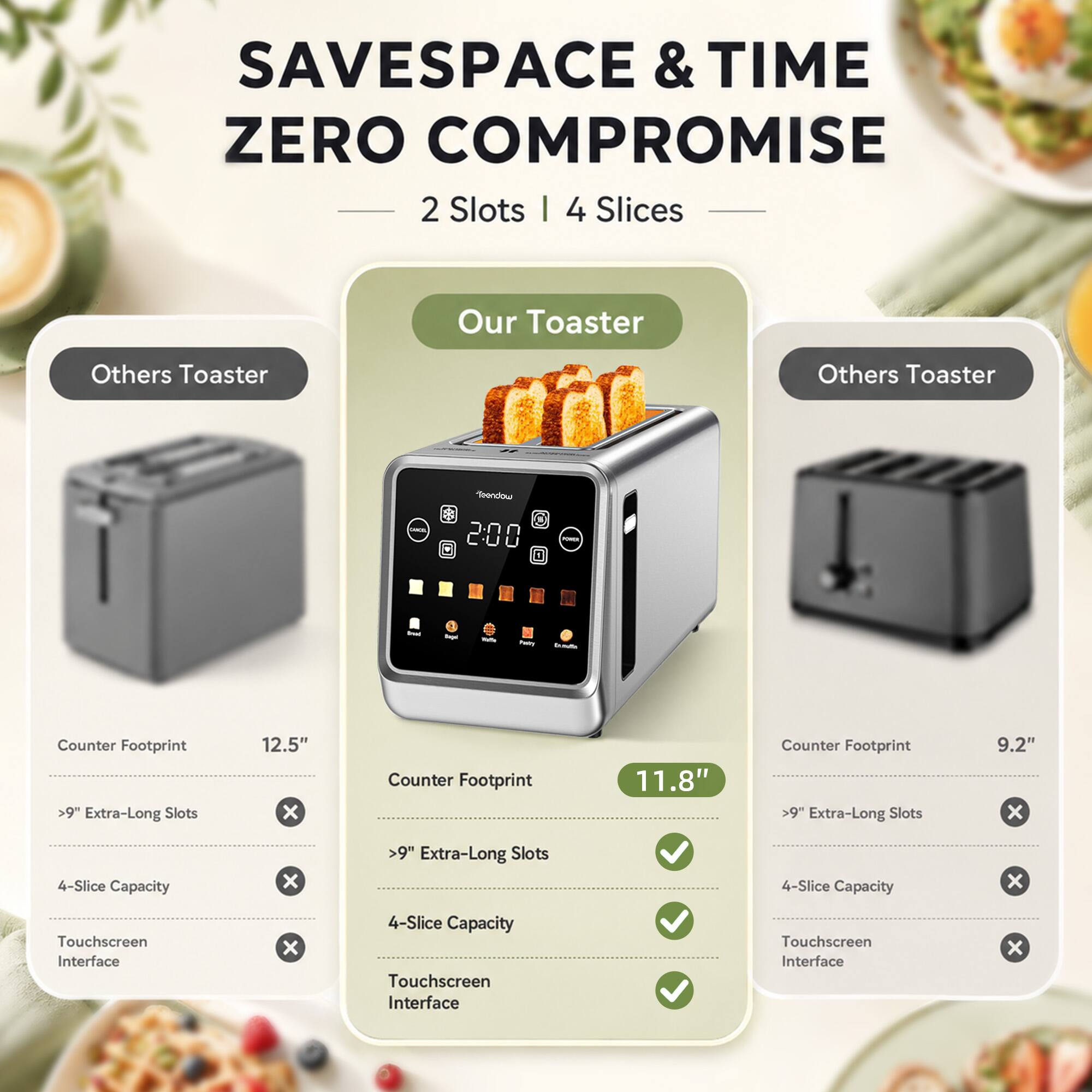 SAVESPACE & TIME ZERO COMPROMISE  
2 Slots | 4 Slices

Our Toaster  
Counter Footprint: 11.8"  
>9" Extra-Long Slots  
4-Slice Capacity  
Touchscreen Interface

Others Toaster  
Counter Footprint: 12.5"  
>9" Extra-Long Slots  
4-Slice Capacity  
Touchscreen Interface

Others Toaster  
Counter Footprint: 9.2"  
>9" Extra-Long Slots  
4-Slice Capacity  
Touchscreen Interface