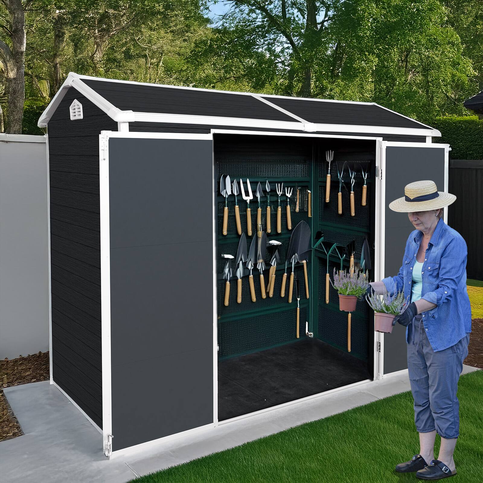 Angle. Loheer - Loheer 8x4 Outdoor Resin Shed with Floor Plastic Garden Storage Shed Lockable Door for Bikes Trash Cans Black.