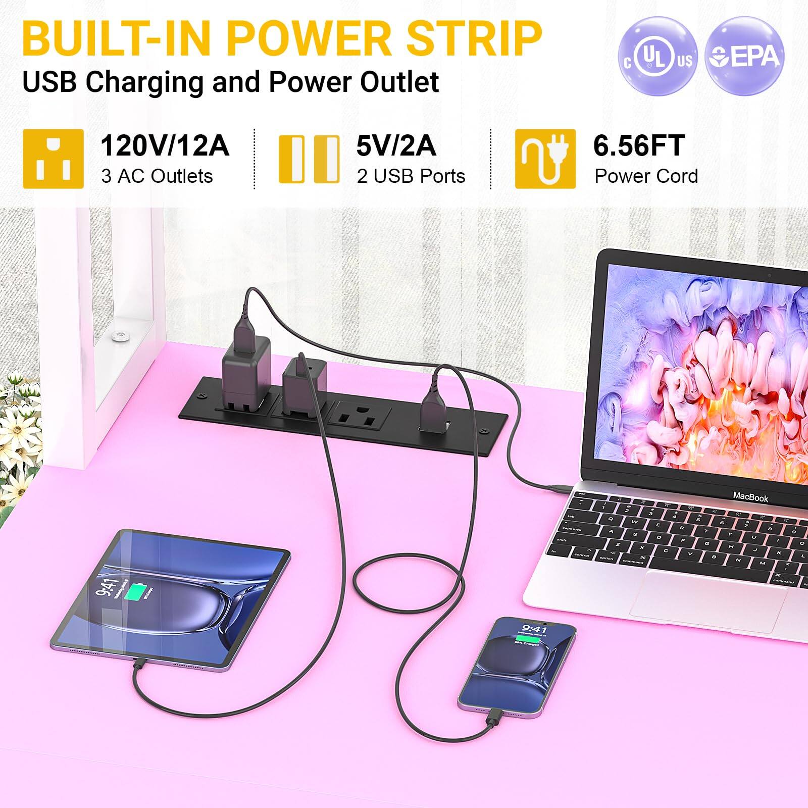 BUILT-IN POWER STRIP  
USB Charging and Power Outlet  
120V/12A  
3 AC Outlets  
5V/2A  
2 USB Ports  
6.56FT Power Cord