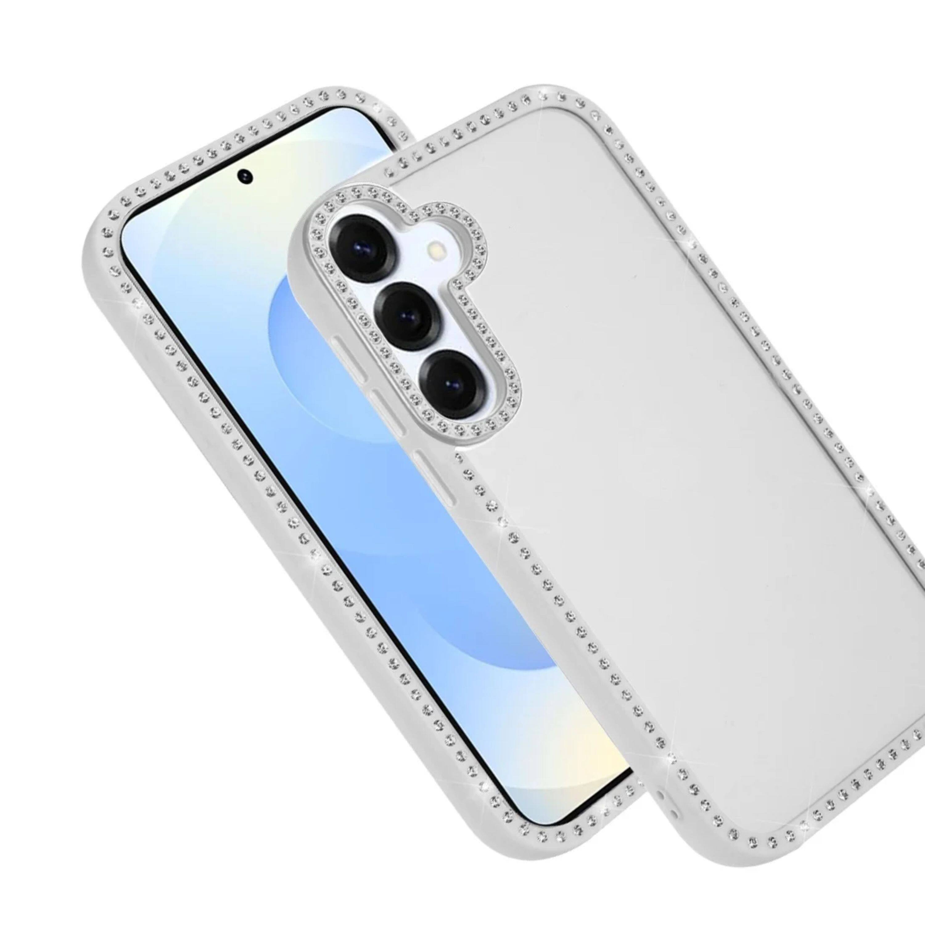 Left. Kitcheniva - Bling Front And Back Border Trim Phone Case With Tempered Glass For Samsung Galaxy S25/S24 Clear - Clear.