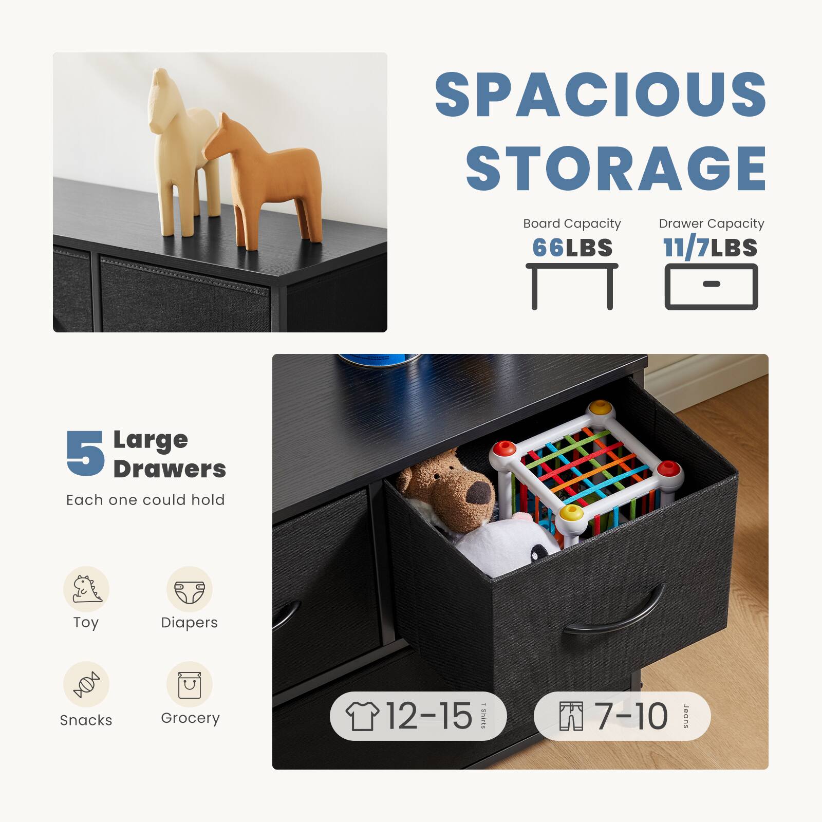 SPACIOUS STORAGE  
Board Capacity: 66LBS  
Drawer Capacity: 11/7LBS  

5 Large Drawers  
Each one could hold:  
- Toy  
- Diapers  
- Snacks  
- Grocery  

12-15 shirts  
7-10 jeans