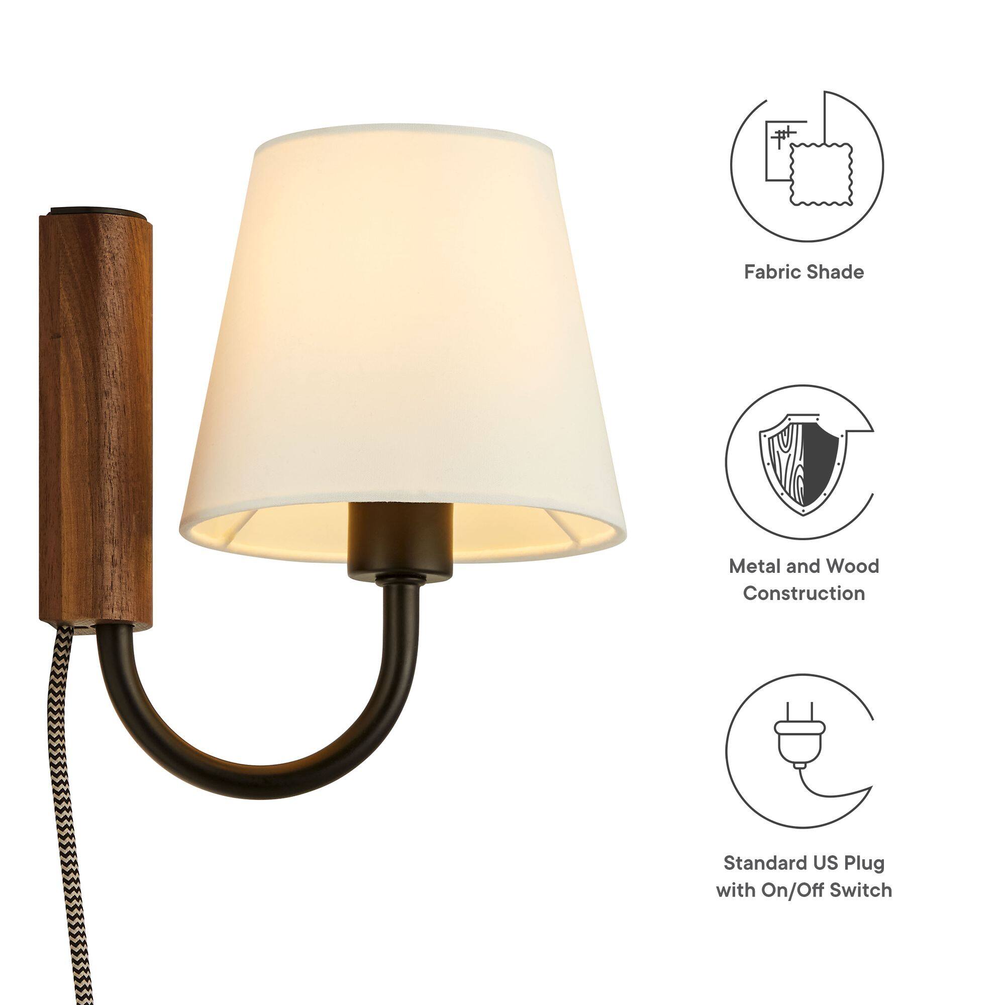 - Fabric Shade
- Metal and Wood Construction
- Standard US Plug with On/Off Switch