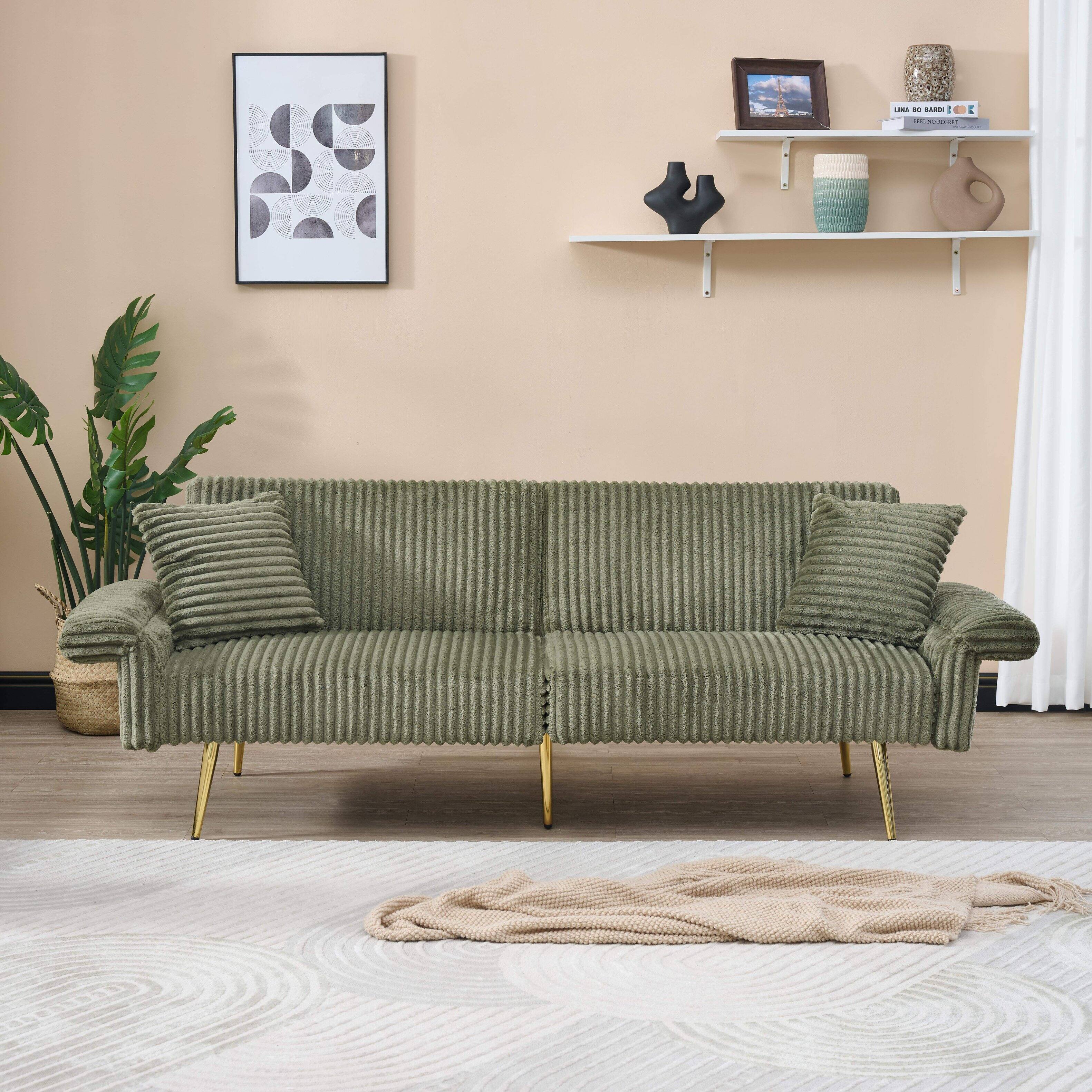 Left. Roomtec - 79 inch corduroy sofa bed foldable double sofa bed with folding armrests suitable for living rooms and small spaces - Green.