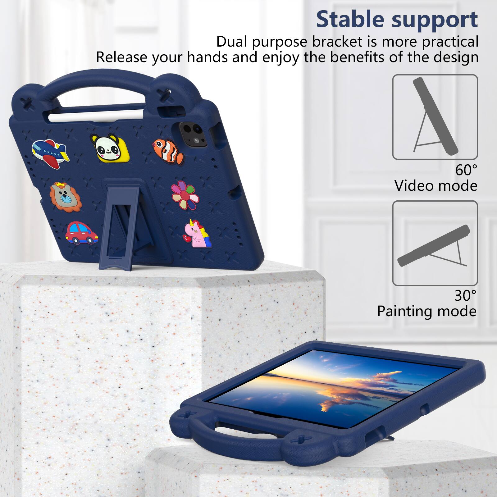 Stable support  
Dual purpose bracket is more practical  
Release your hands and enjoy the benefits of the design  

60° Video mode  
30° Painting mode