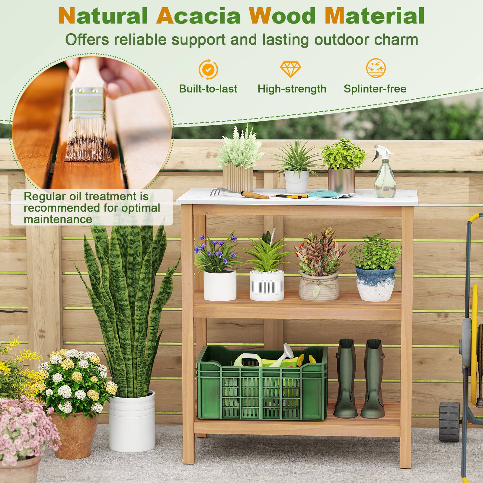 Natural Acacia Wood Material  
Offers reliable support and lasting outdoor charm  

- Built-to-last  
- High-strength  
- Splinter-free  

Regular oil treatment is recommended for optimal maintenance