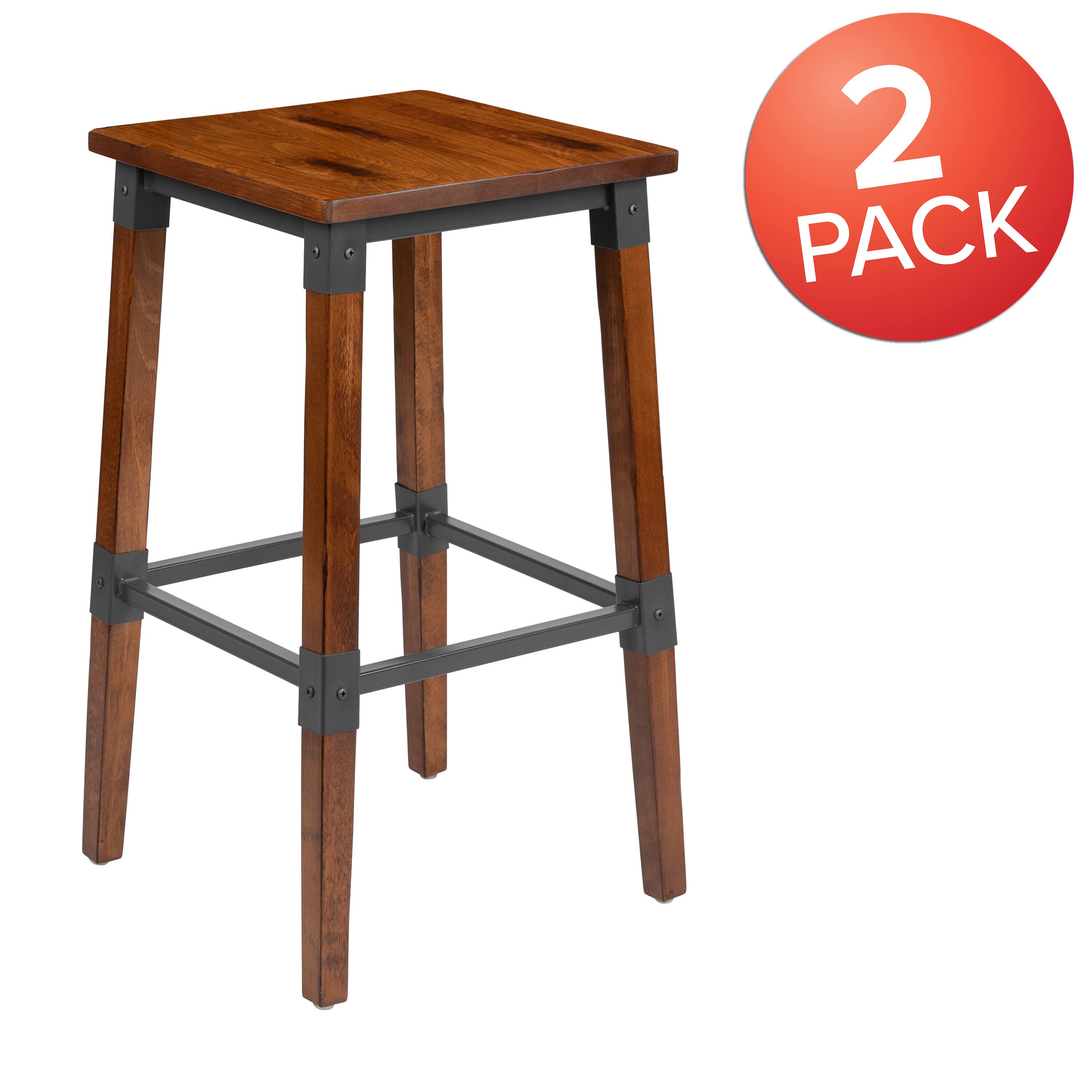 Alt View 1. Emma + Oliver - 2 Pack Commercial Grade Rustic Industrial Style Backless Wood Barstool - Walnut.