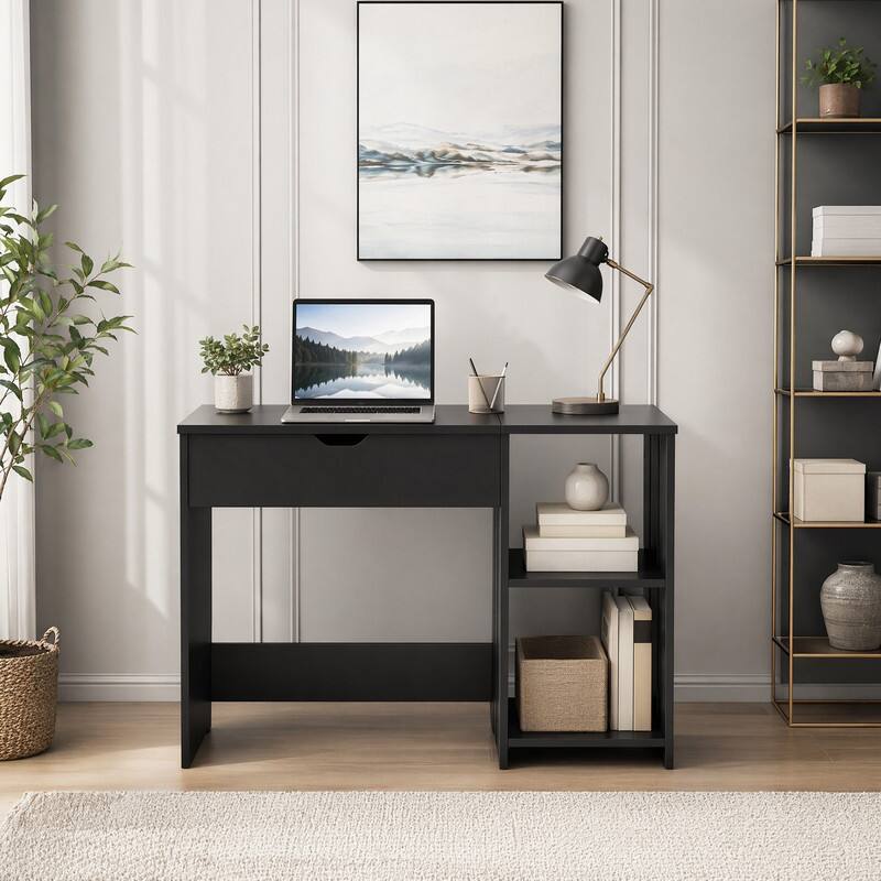 Angle. WELLFOR - 39.5 " Lift Top Computer Desk with Hidden Compartment and Open Storage Shelves, Home Office Desk for Small Spaces - Black.