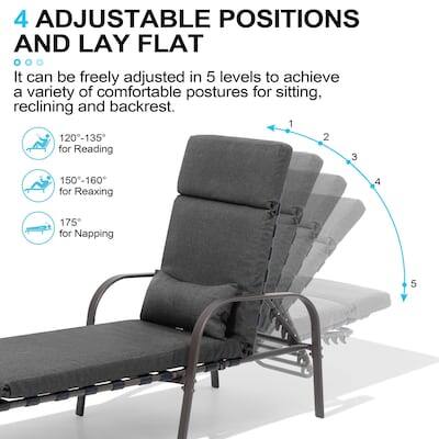 4 ADJUSTABLE POSITIONS AND LAY FLAT

It can be freely adjusted in 5 levels to achieve a variety of comfortable postures for sitting, reclining and backrest.

1. 120-135° for Reading
2. 150-160° for Relaxing
3. 175° for Napping