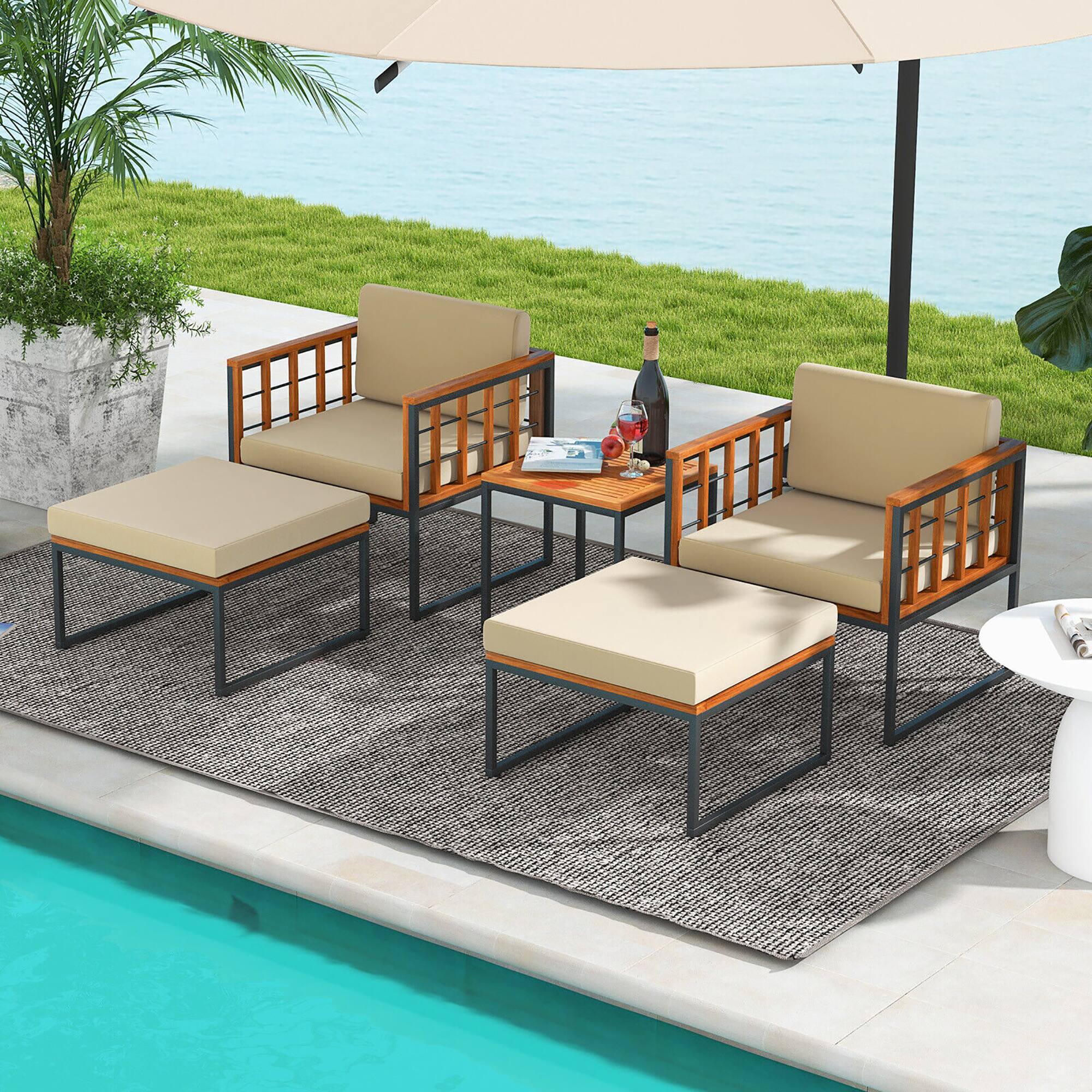 Alt View 3. Gymax - Gymax 5 PCS Acacia Wood Patio Furniture Set w/ Ottomans Soft Cushions & Coffee Table - Beige, Natural, Black.