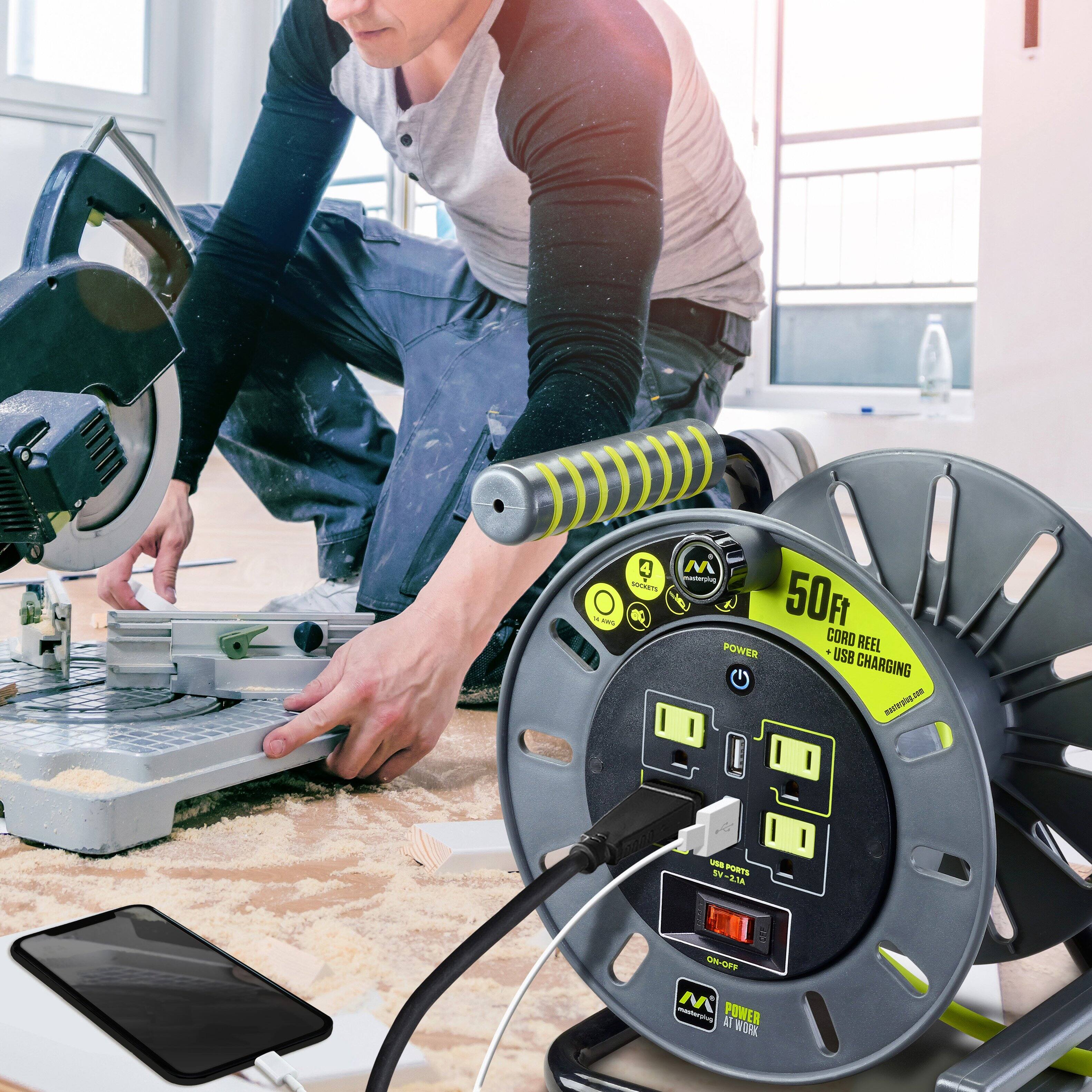 Alt View 14. Masterplug - 50Ft 4 Sockets 13A 14AWG Medium Open Reel with USB Charging - Green & Grey.