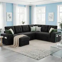 Dyonery - 112" Modular Convertible Sectional Sleeper Sofa with Pull Out Bed,Linen Convertible Couch with Storage Seat - Black
