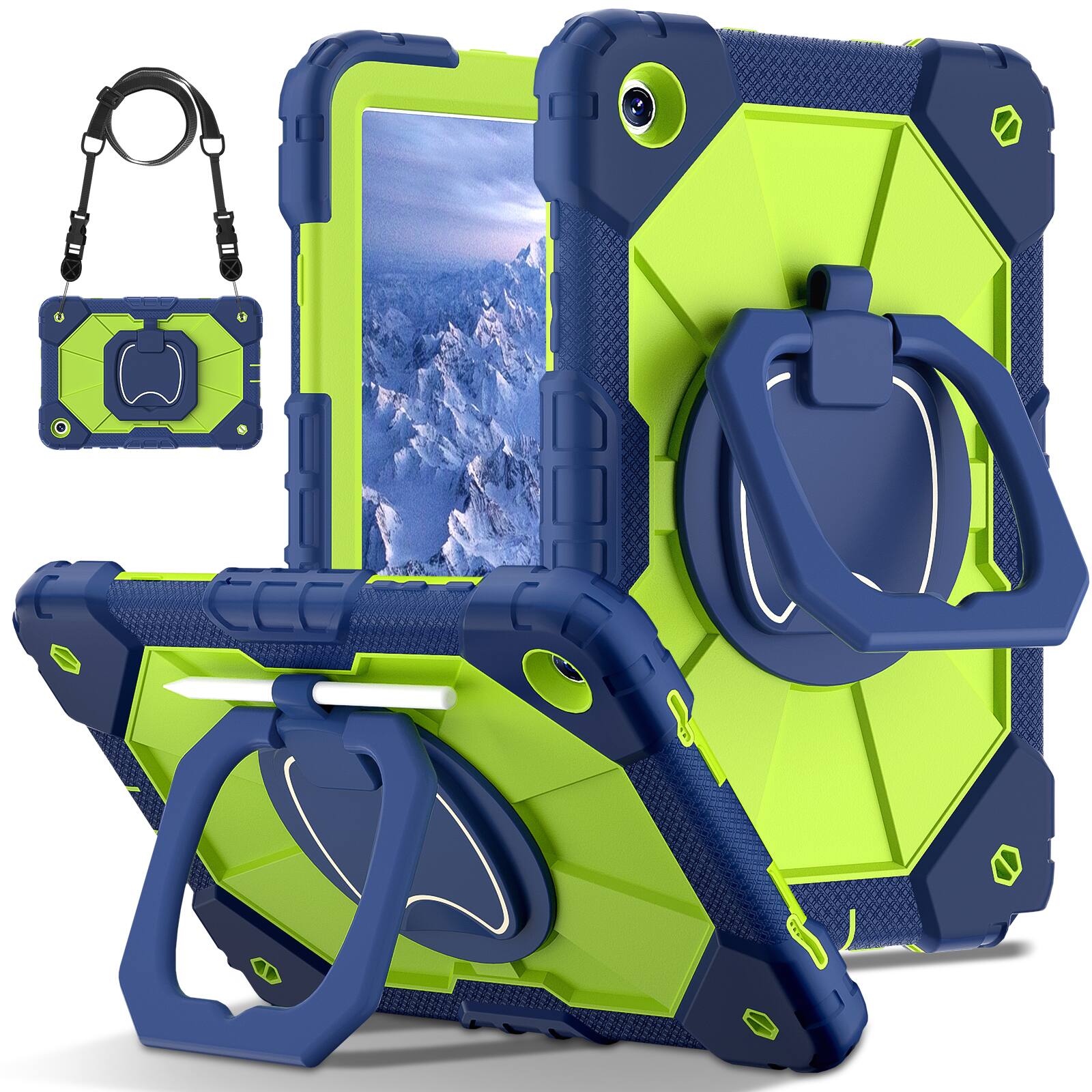 Dteck - Case for Samsung Galaxy Tab A11+ 2025 11-inch, 3-Layer Rugged Kickstand Handle Grip Cover with Shoulder Strap - Navyblue Green