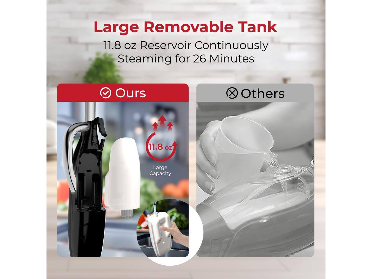 Large Removable Tank  
11.8 oz Reservoir Continuously Steaming for 26 Minutes  

Ours  
11.8 oz  
Large Capacity  

Others