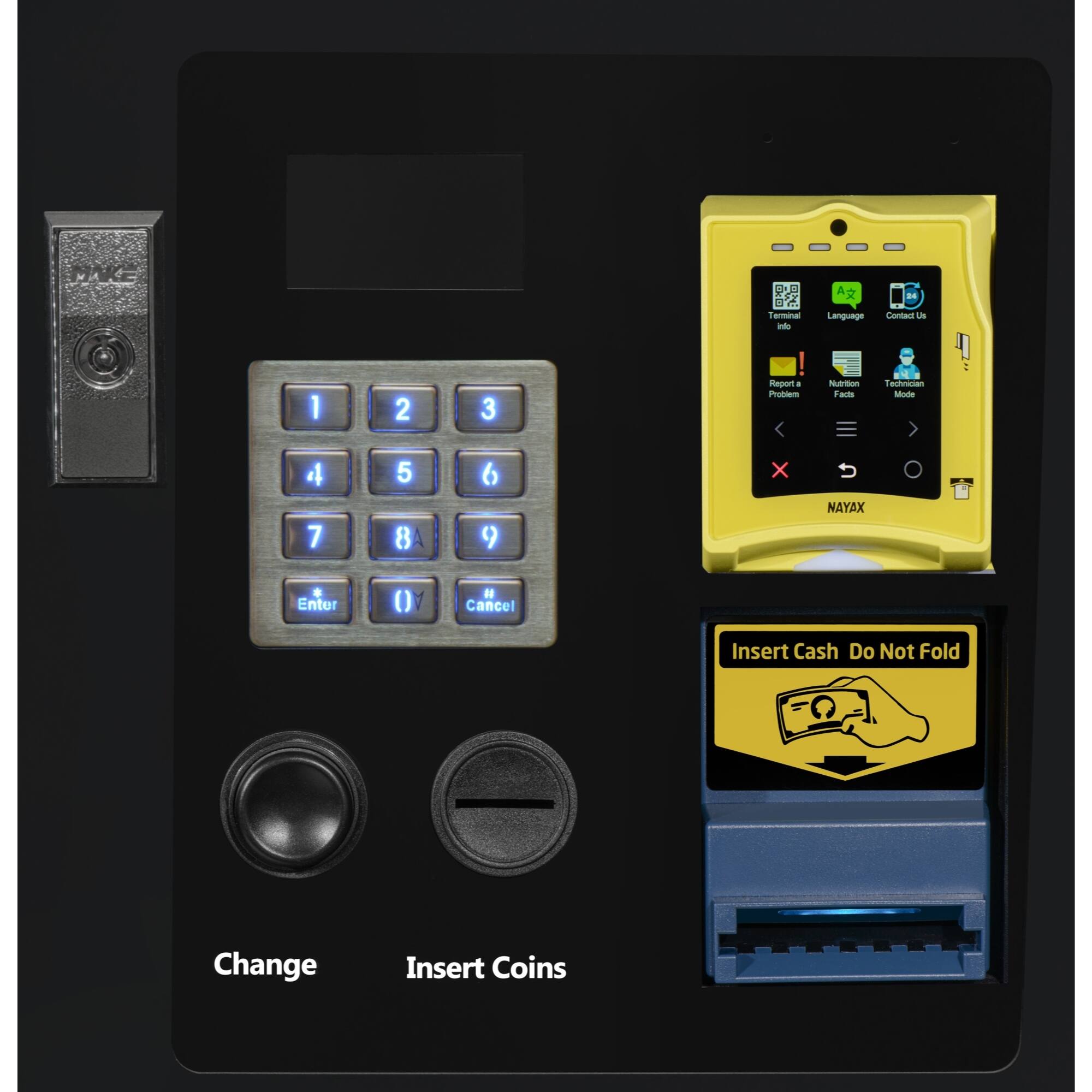 A Terminal unto Language Contact Us 1 2 3 ! iepam a Problem Nutrition Facts Technician Mode 4 7 5 8 6 9 X NAYAX. Enter () N Cancel Insert Cash Do Not Fold Change Insert Coins