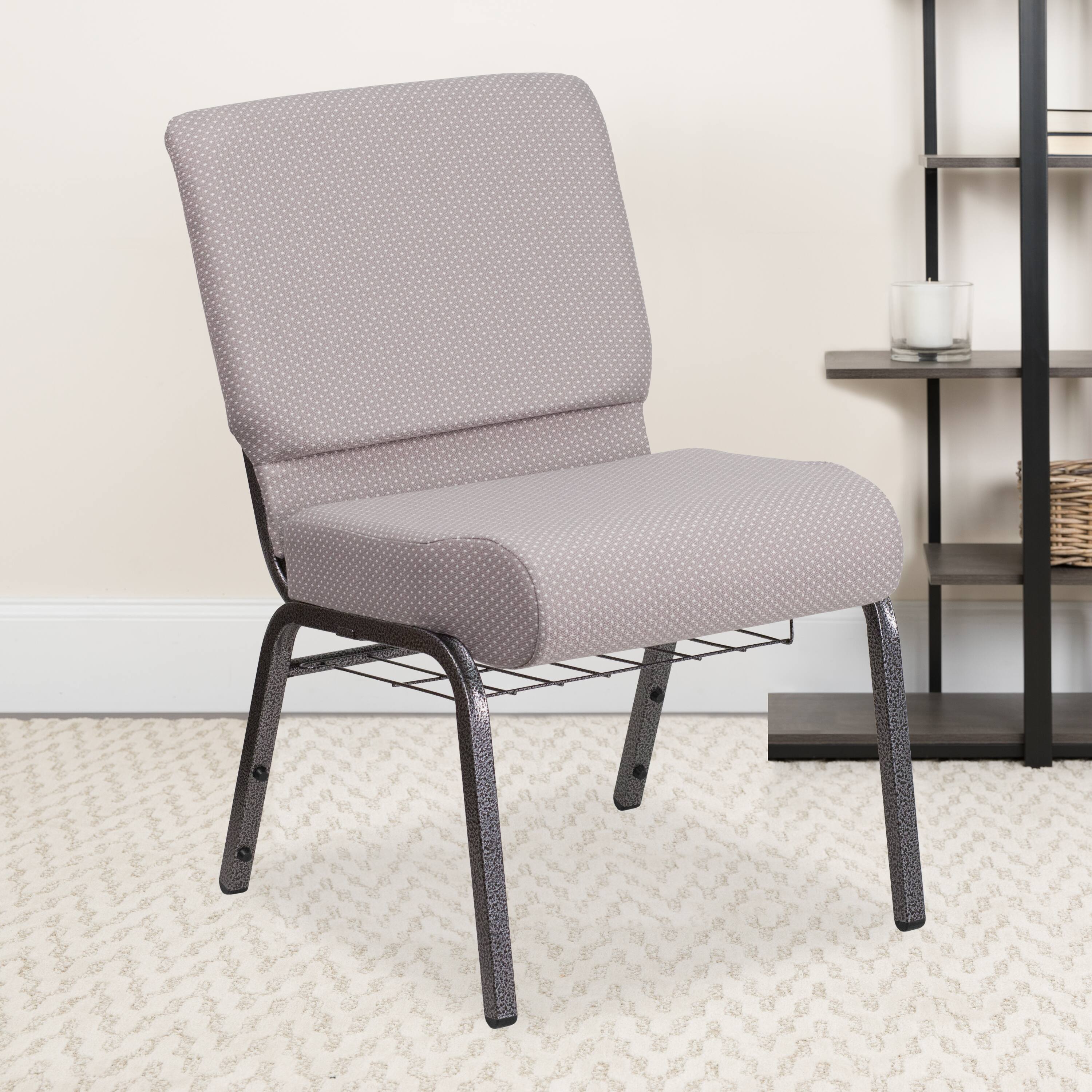 Alt View 1. Emma + Oliver - 21"W Church/Reception Guest Chair with Communion Cup Book Rack - Gray Dot Fabric/Silver Vein Frame.