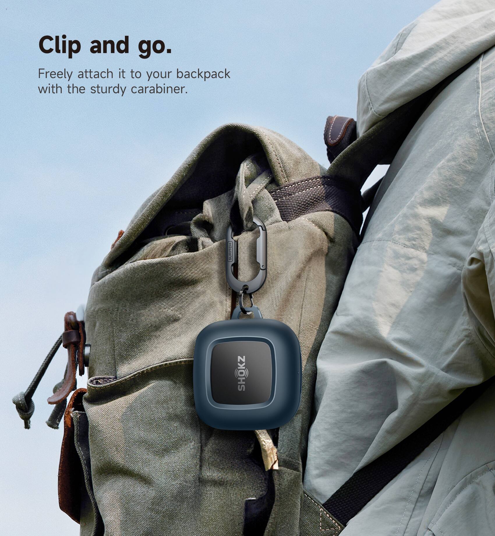 Clip and go.  
Freely attach it to your backpack with the sturdy carabiner.  
TH SHOKZ