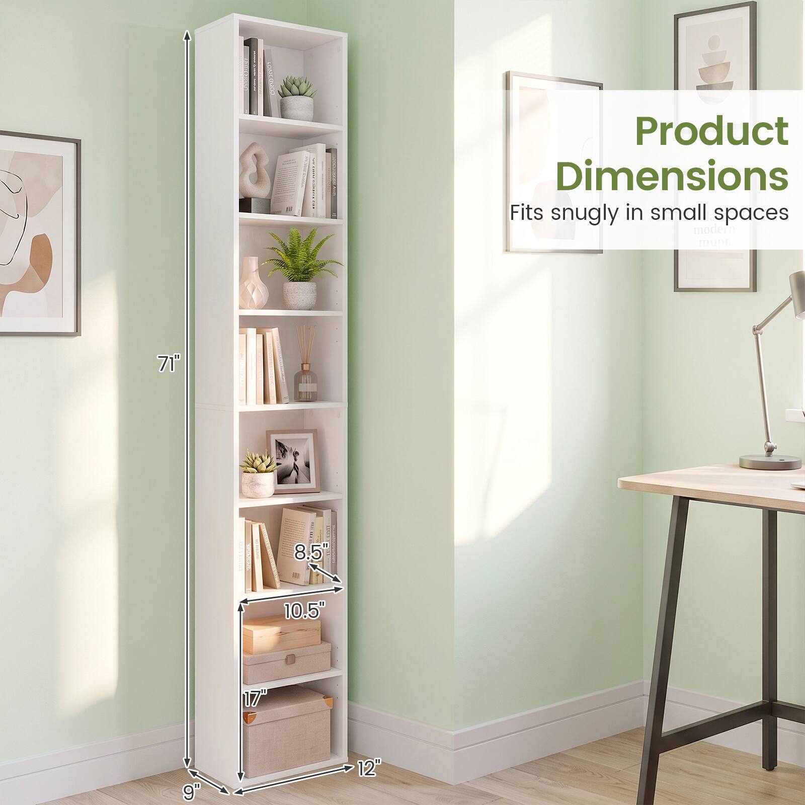 Product Dimensions: Fits snugly in small spaces

8.5"  
10.5"  
17"  
9"  
12"